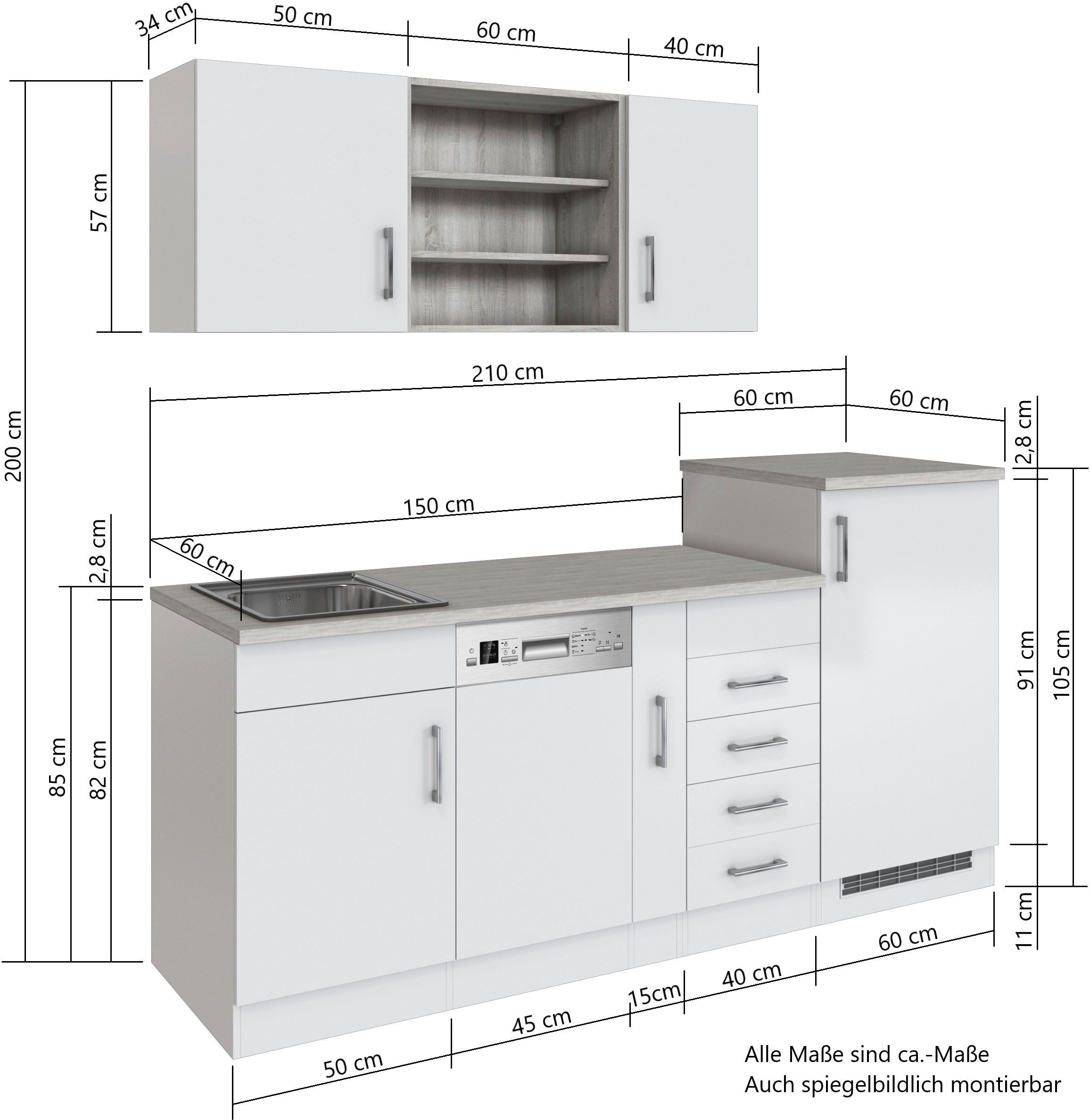 KOCHSTATION Küche »KS-Mali« Breite 210 cm, mit E-Geräten