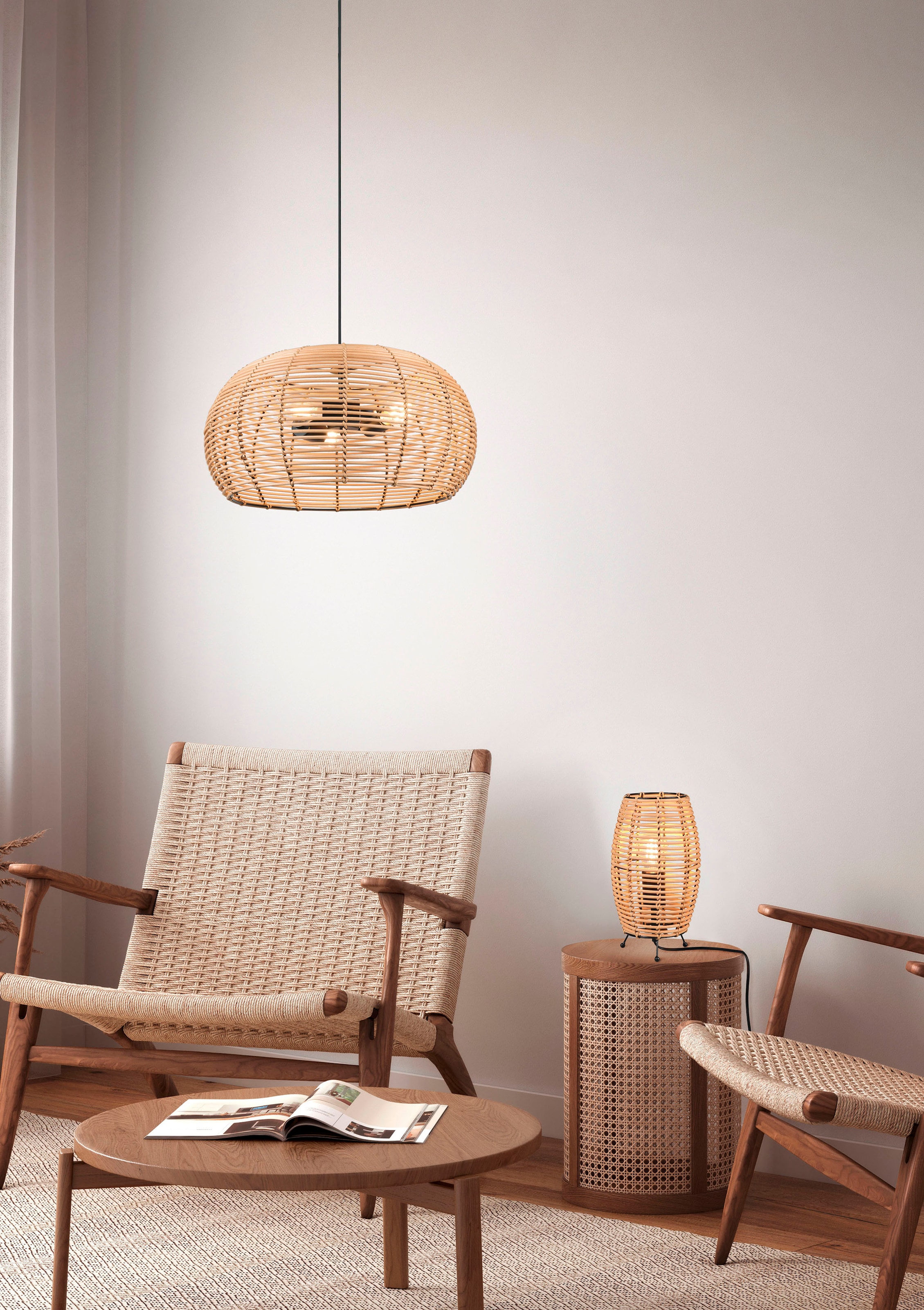 TRIO Leuchten Pendelleuchte »Inga«, 3 flammig, Leuchtmittel E27 | ohne Leuchtmittel, Hängelampe Rattan in Korbgeflecht Optik, exkl 3xE27, höhenverstellbar