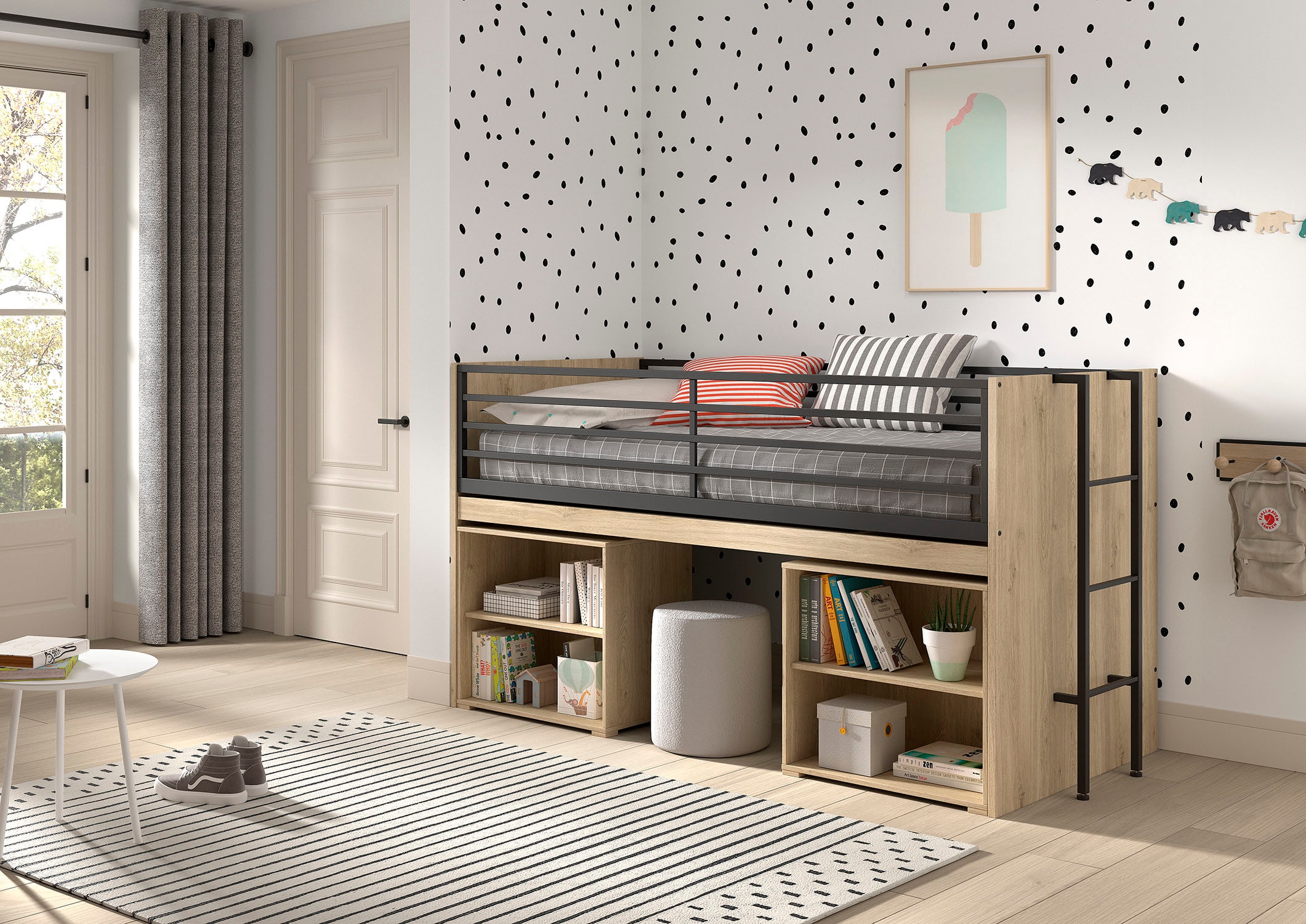 Vipack Stauraumbett »Sam, schlafen und arbeiten in einem, wahlweise Eiche- oder Weiß-Dekor« Liegefläche 90x200 cm, darunter eine große ausziehbare Schreibplatte,  mit Absturzschutz, Leiter u. 2 Regale, pflegeleichte Dekor Oberfläche