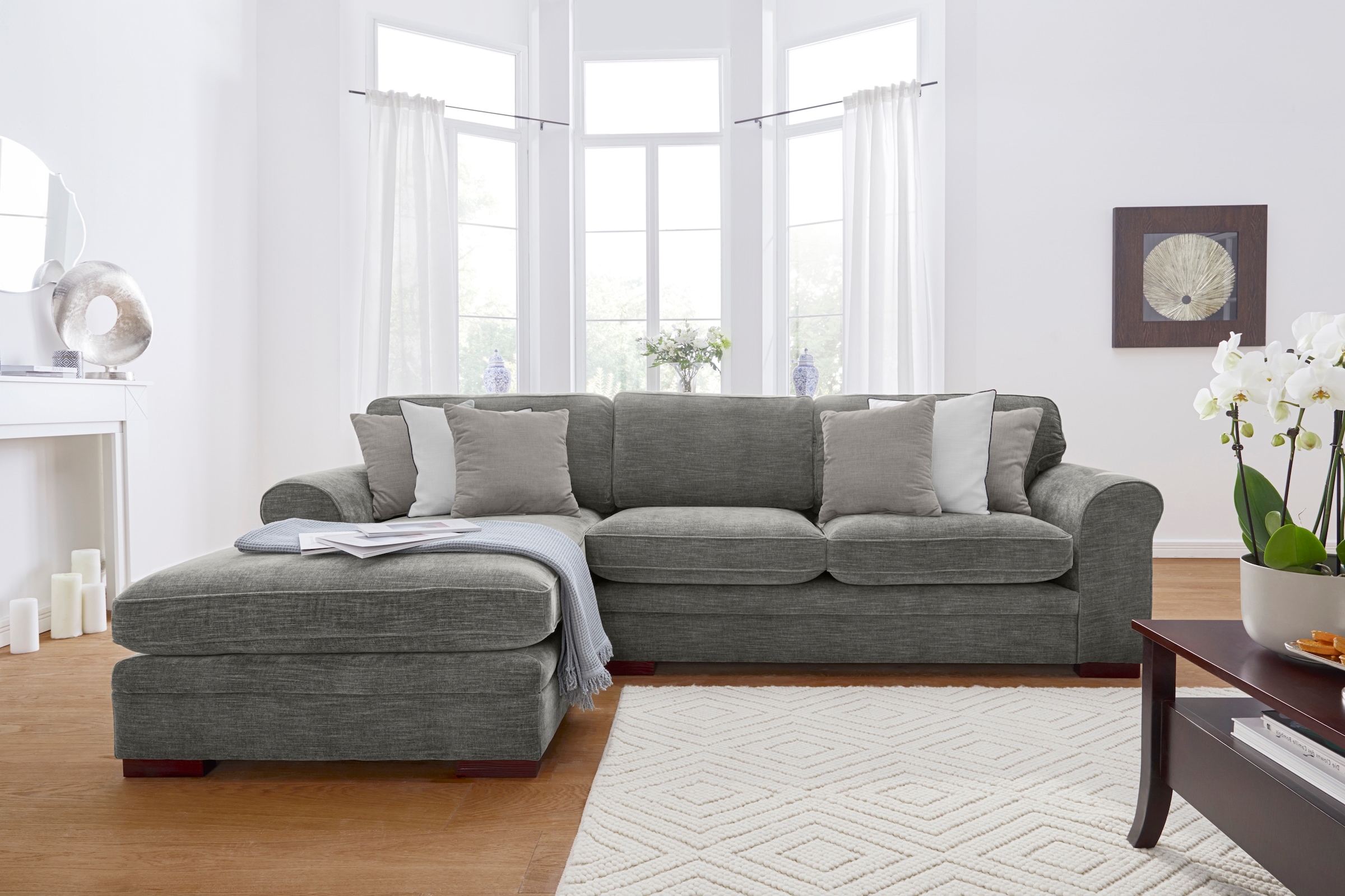 Home affaire Ecksofa »Broughton L-Form«, weicher Sitzkomfort, incl. 4 Zierkissen, Keder