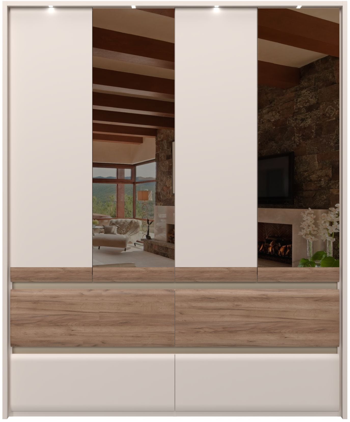 PLACES OF STYLE Kleiderschrank »Invictus, UV lackiert, FSC-zertifiziert, grifflose Optik« abgerundete Schubladen aus MDF im Holzdekor, soft-close,  mit Beleuchtung und Spiegel, in 4 Breiten, hoher Schrank (226cm)