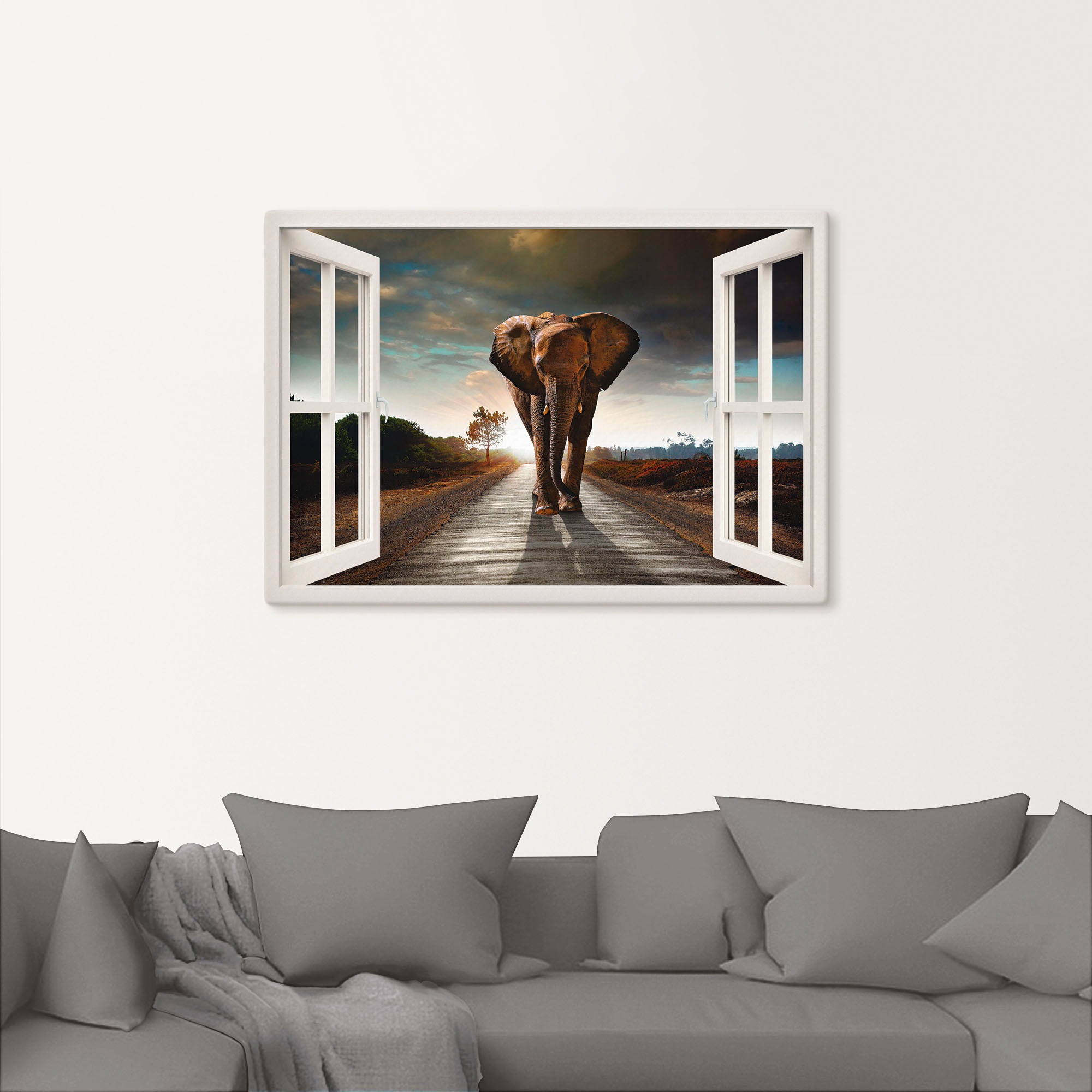 Artland Wandbild »Elefant auf Straße«, Fensterblick, (1 St.), als Leinwandbild, Poster in verschied. Größen