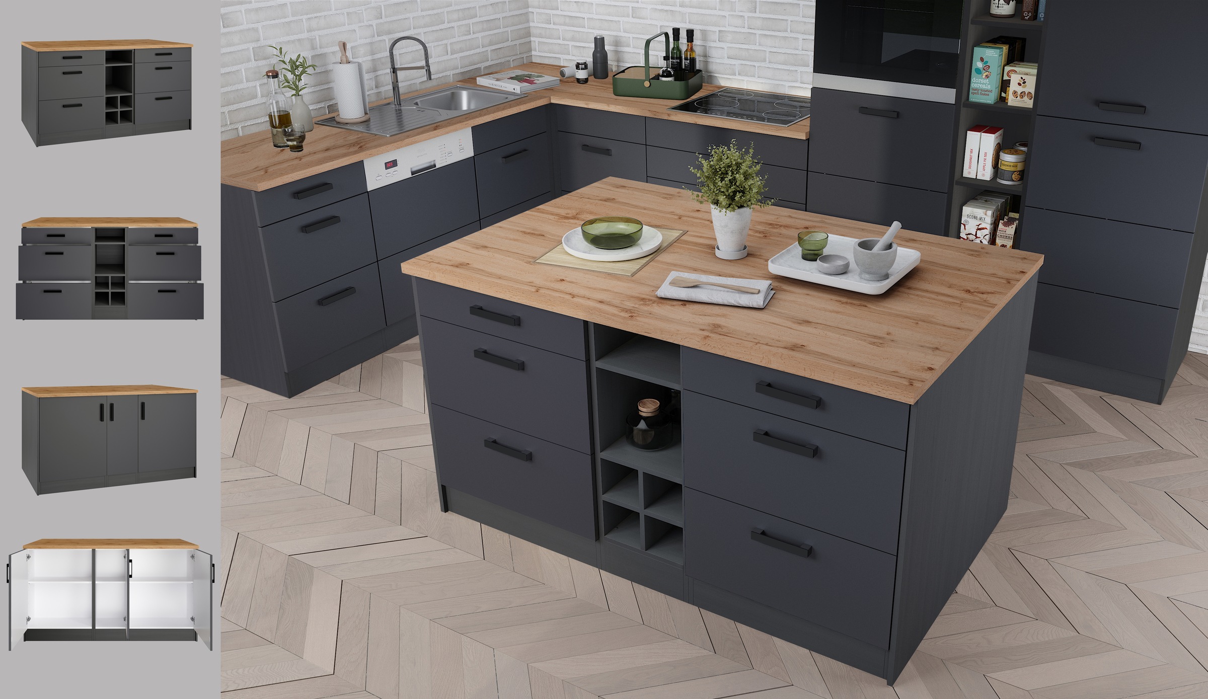 KOCHSTATION Kücheninsel »KS-Toronto«, Breite 153 cm, MDF-Fronten, Flaschenregal