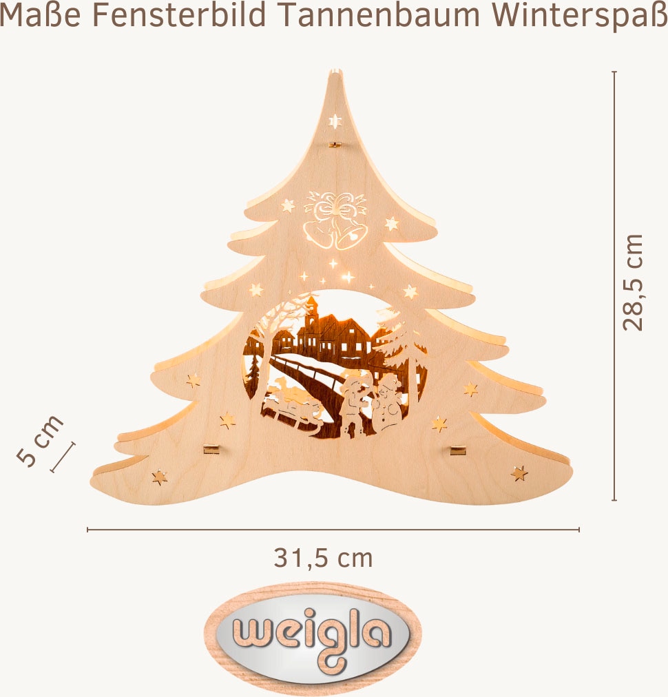 Weigla Dekobaum »beleuchtetes Fensterbild Tannenbaum Winterspaß, NATUR-BRAUN«, Erzgebirge garantiert, Weihnachtsdeko Innen, Weihnachtsbeleuchtung