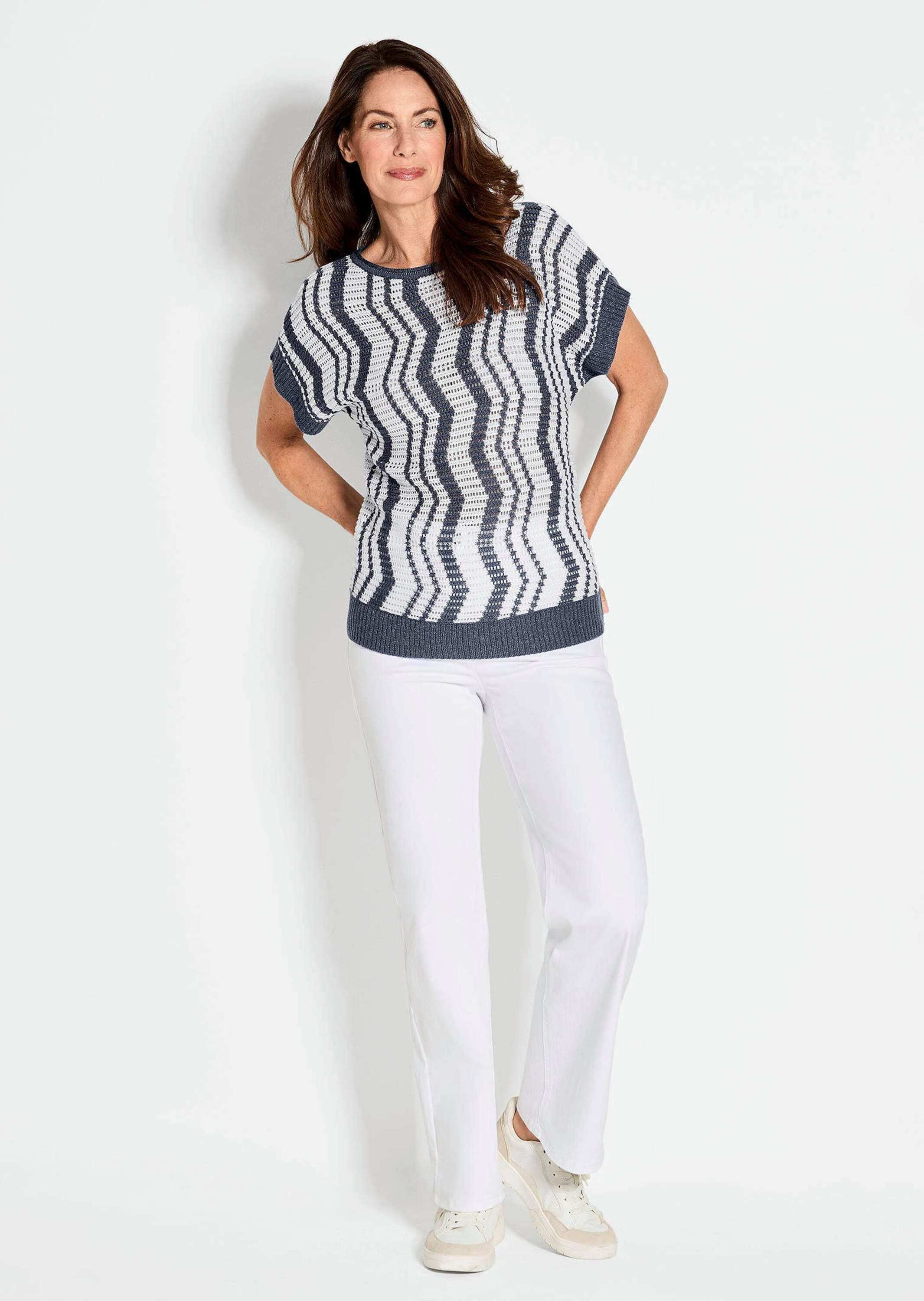 GOLDNER Rundhalspullover »Kurzgröße Halbarmpullover mit Lochstruktur«