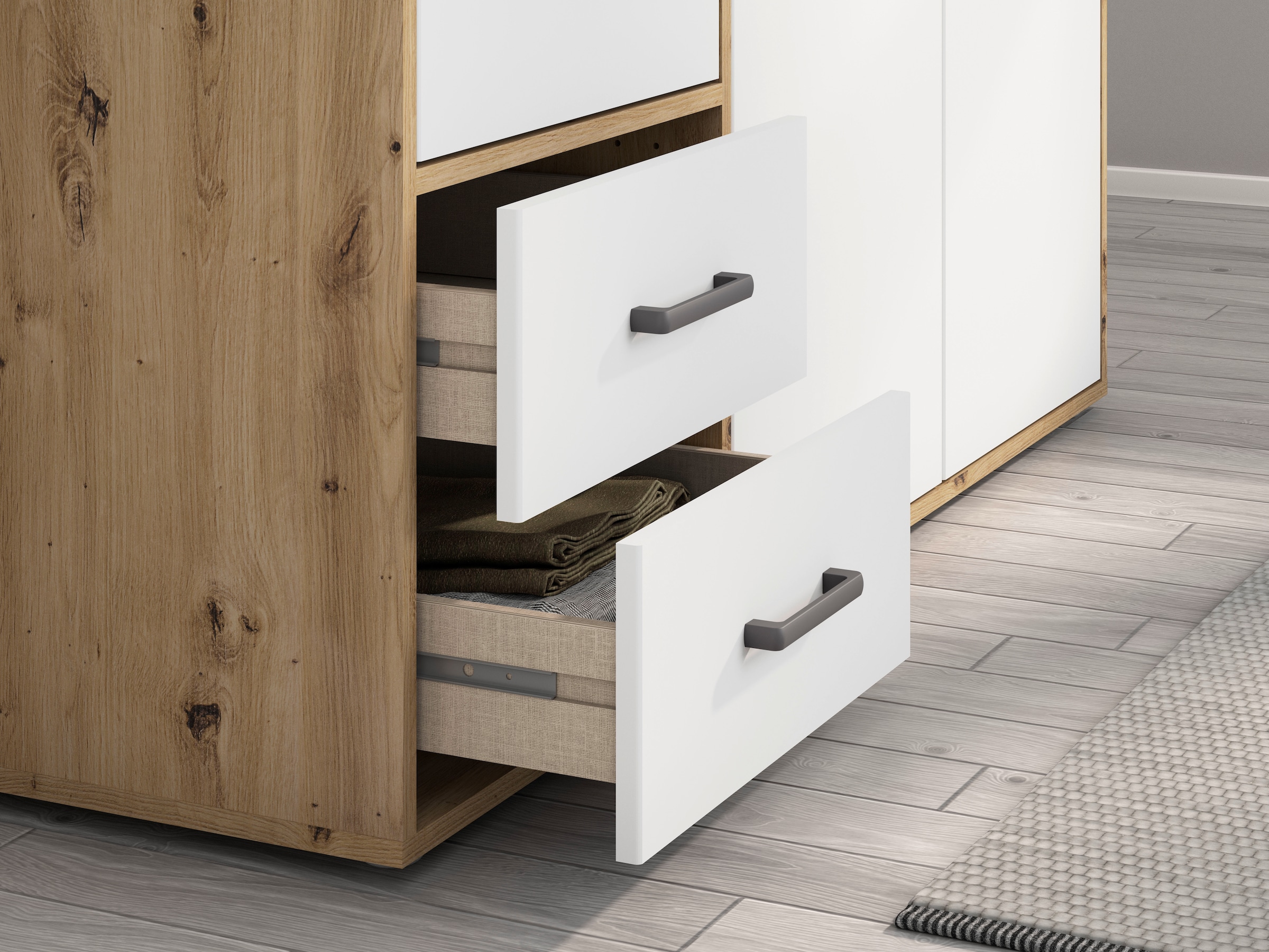 rauch Drehtürenschrank »Kleiderschrank Schrank Garderobe Wäscheschrank VOYAGER«, (in 3 verschiedenen Ausstattungen BASIC/CLASSIC/PREMIUM), moderne Griffe in Graumetallic mit Außenschubkästen MADE IN GERMANY