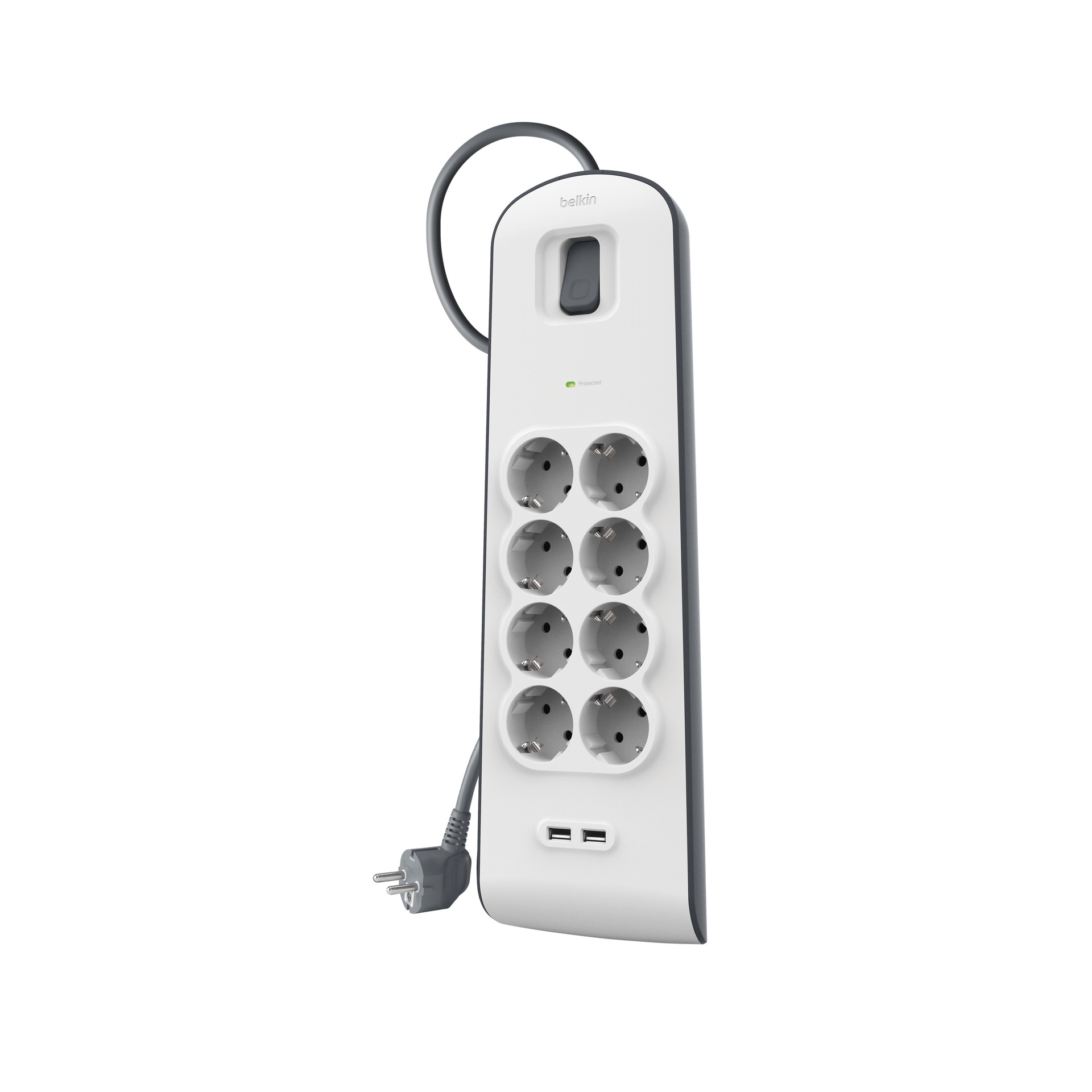 Belkin Steckdosenleiste »8fach-Steckdosenleiste mit Überspannungsschutz, 2-m-Kabel und USB-A«, 8-fach, (Ein- / Ausschalter Überspannungsschutz Kabellänge 2 m), 2 USB-Anschlüsse mit maximal 2,4 A