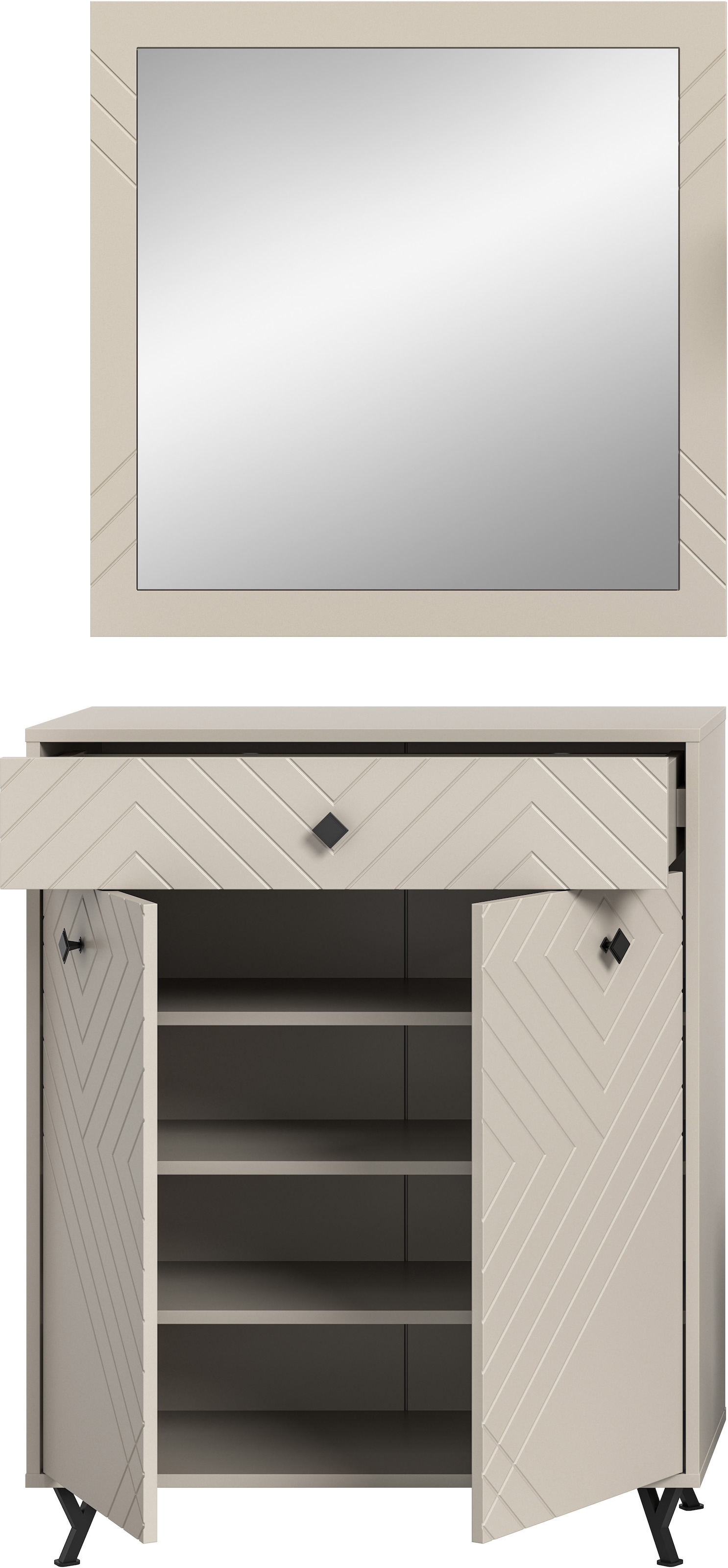 INOSIGN Garderoben-Set »Mento, 2-teilig, Ornamentfräsung in der Front, bestehend aus:«, (Set, 2 St.), Schuhkommode & Spiegel, Metall Knopfgriffe & Y-Füße