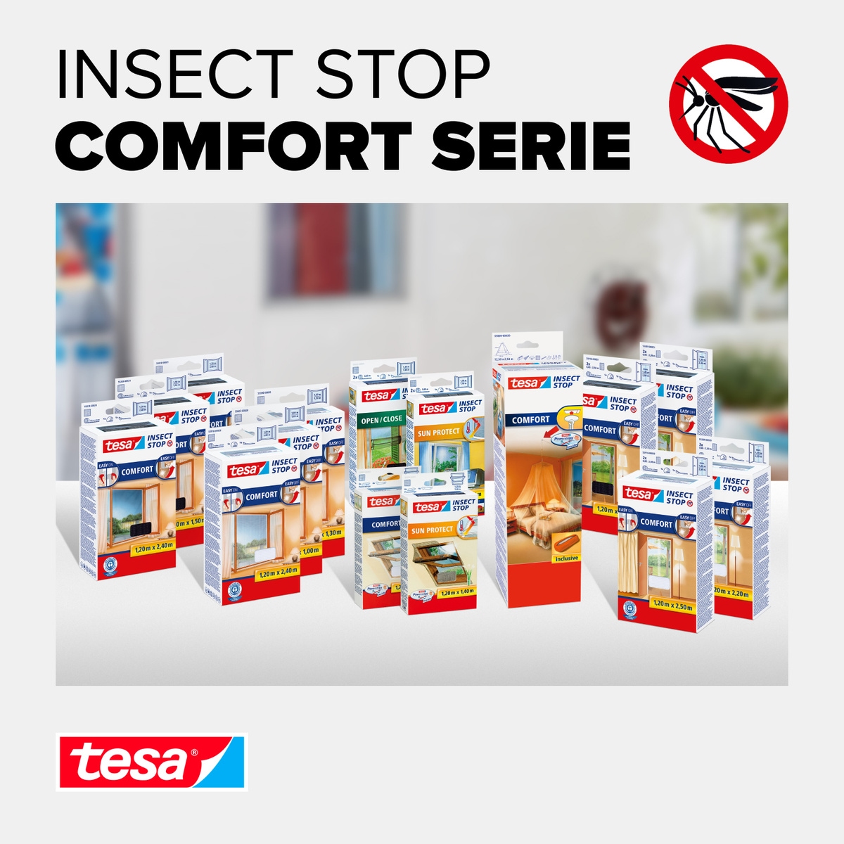 tesa Insektenschutz-Fensterrahmen »Insect Stop Comfort SUN Protect Fliegengitter für Fenster - 1.3m:1.5m«, Insektenschutzgitter mit Sonnenschutz - ohne Bohren - schwarz