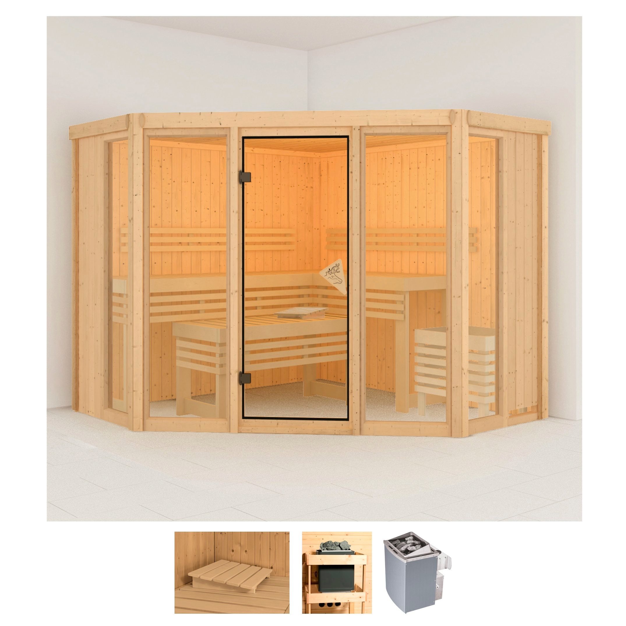 Karibu Sauna »Astrid 2«, (Set), 9-kW-Ofen mit integrierter Steuerung