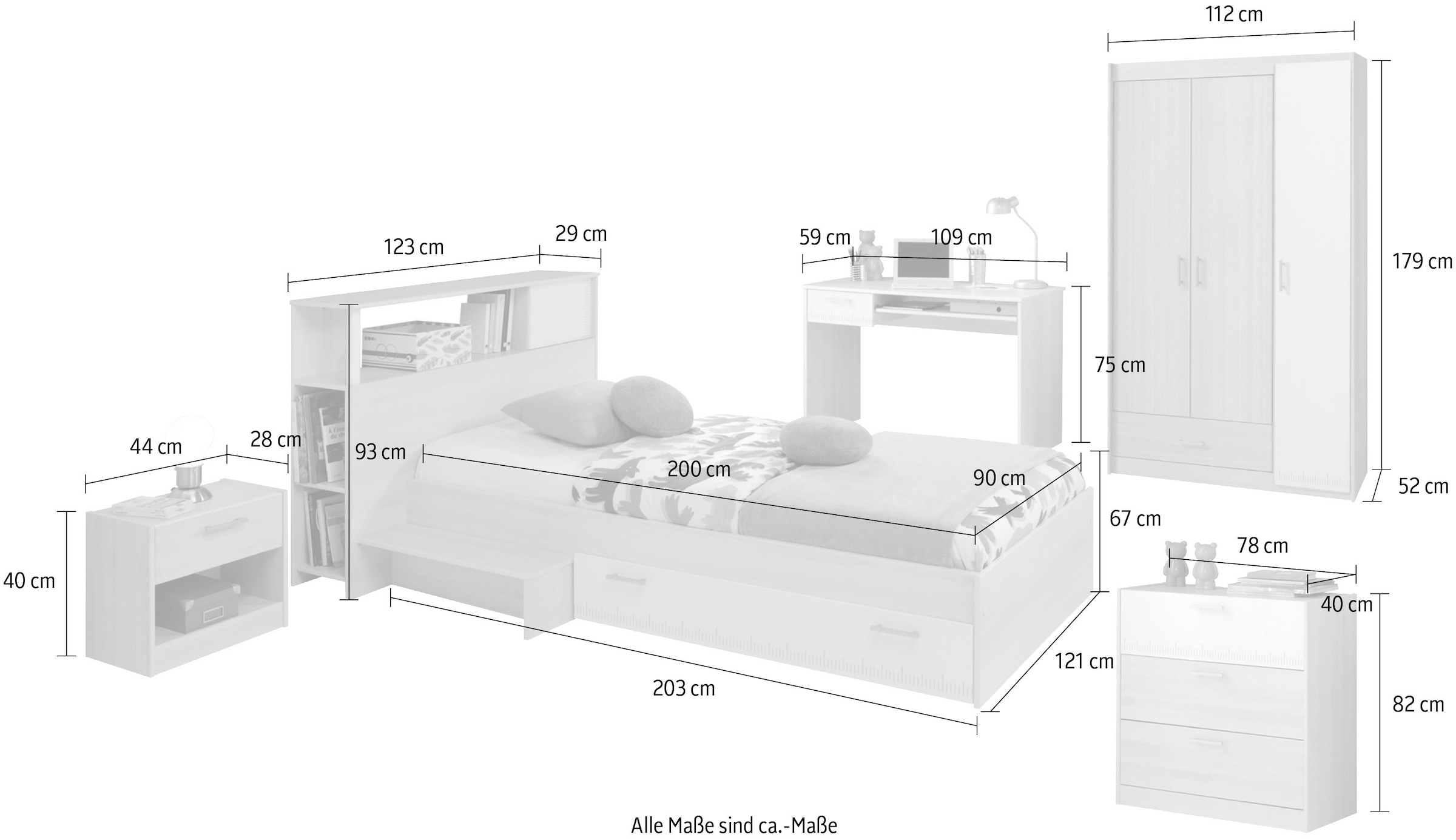 Parisot Jugendzimmer-Set »Charly«, (6 St., Bett, Anstellregal, Nachttisch, Kleiderschrank, Schreibtisch etc.)