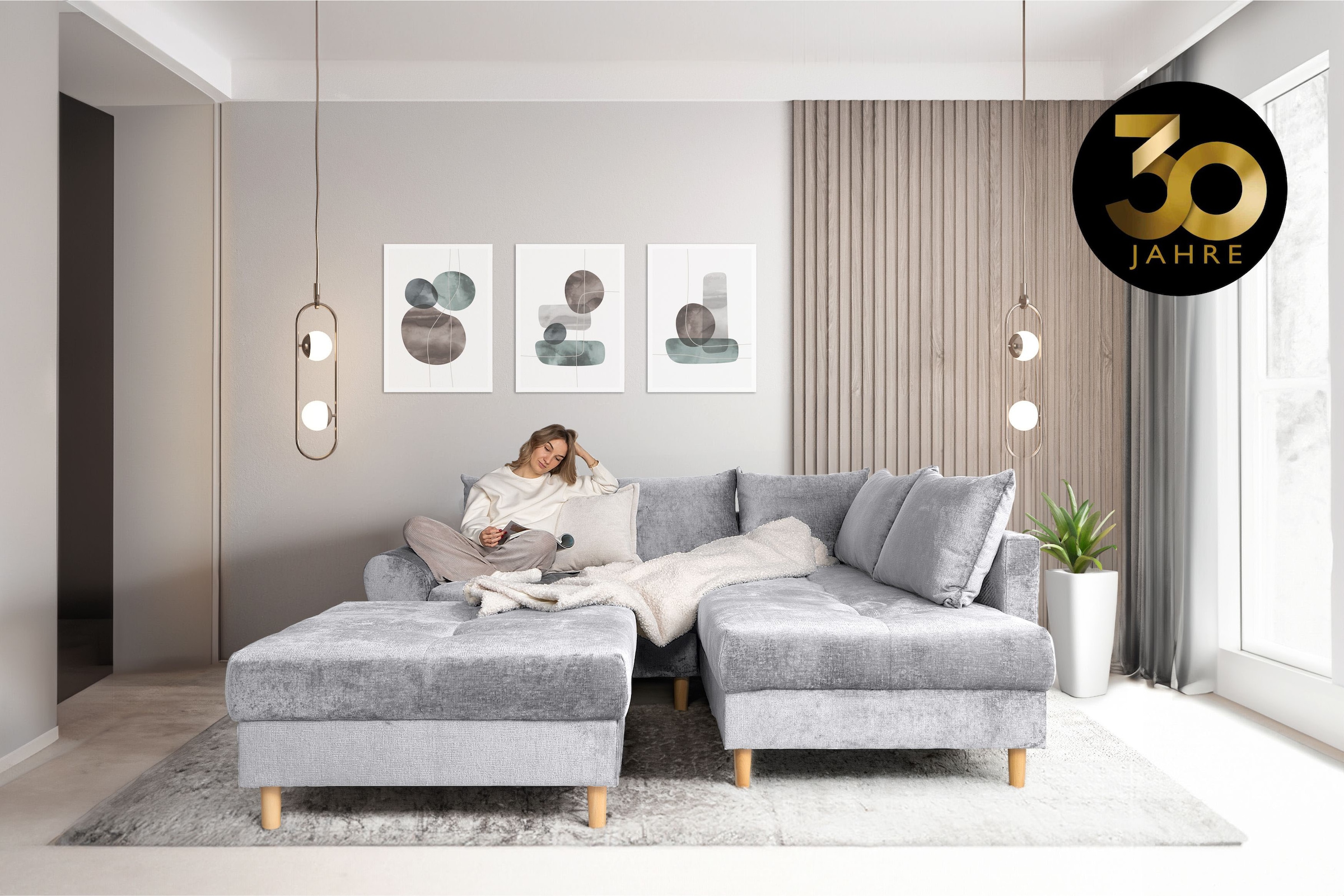 COLLECTION AB Ecksofa »Reims L-Form«, Ottomane beidseitig montierbar, inkl. Bettfunktion und Hocker
