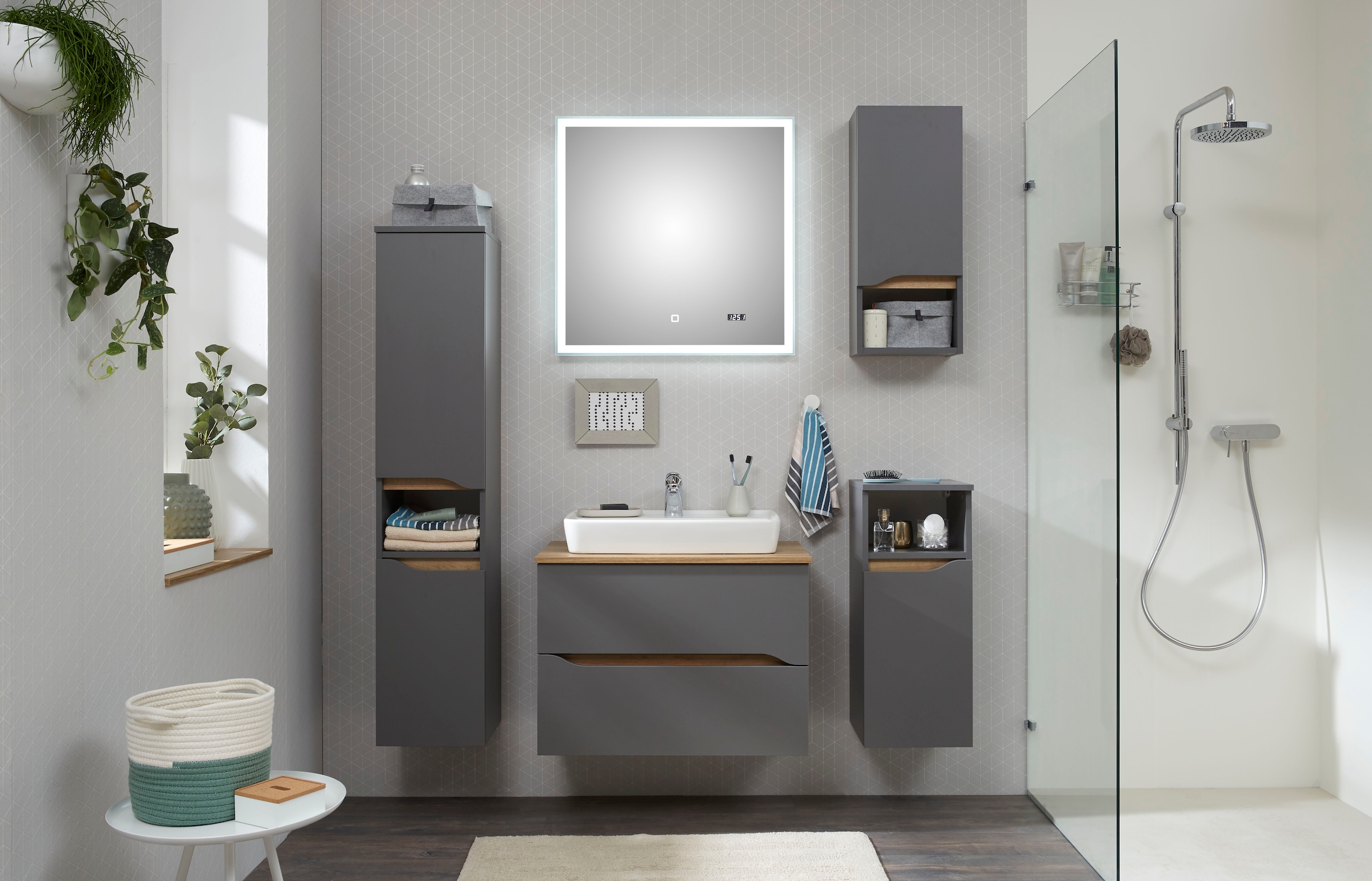 Saphir Badmöbel-Set »Quickset 5-teilig, Keramik-Aufsatzbecken mit LED-Spiegel« 7 Stk. tlg.