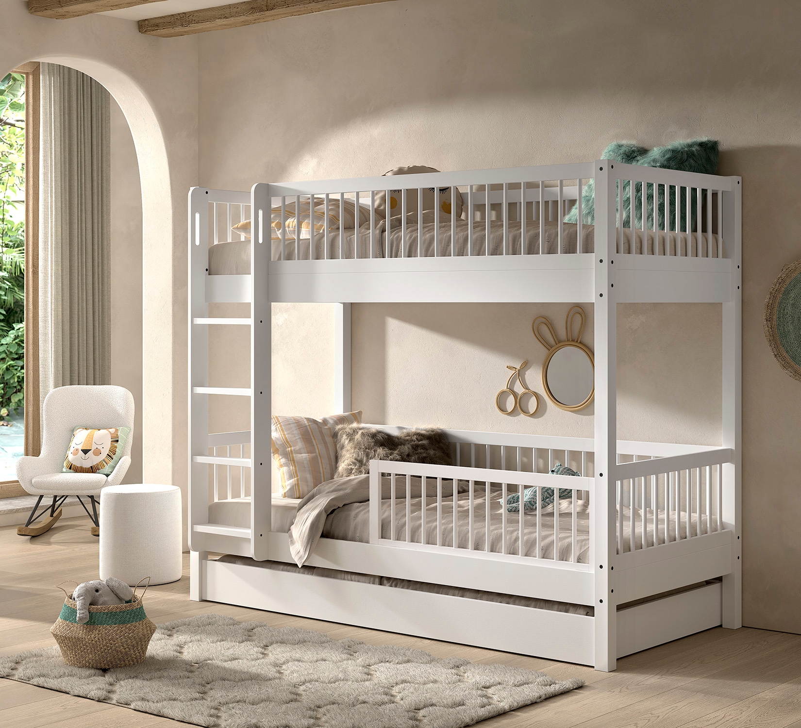 Home affaire Etagenbett »Buche massiv weiß, Made in Europe, langlebige Qualität«, (B/H/T ca. 208x176x98cm, Schublade+unterer Rausfallschutz optional), 2 Lattenroste, wahlweise mit oder ohne Bettschublade und Absturzschutz
