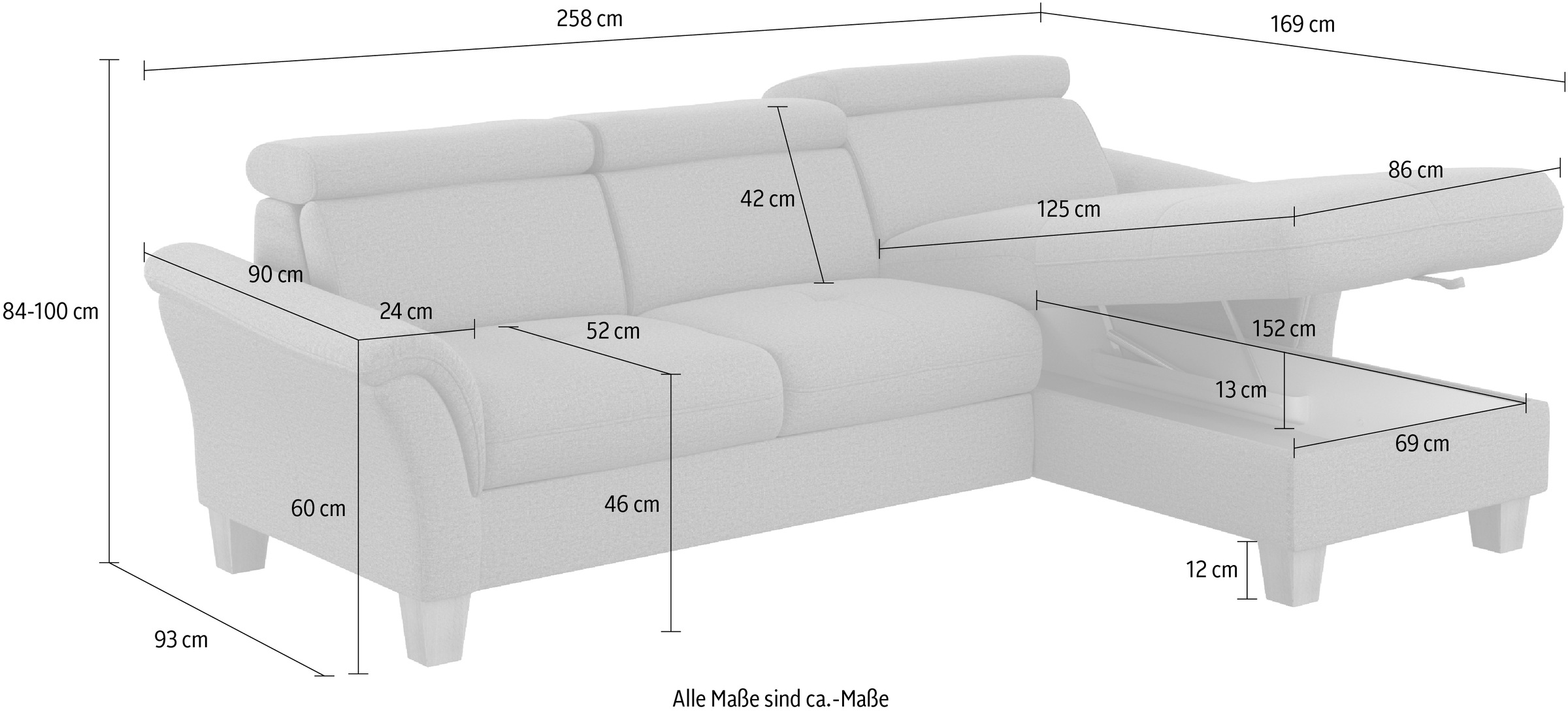 Home affaire Ecksofa »Lindgren L-Form«, wahlweise mit Bett mit klappbaren Rollen, Kasten und Kopfverstellung