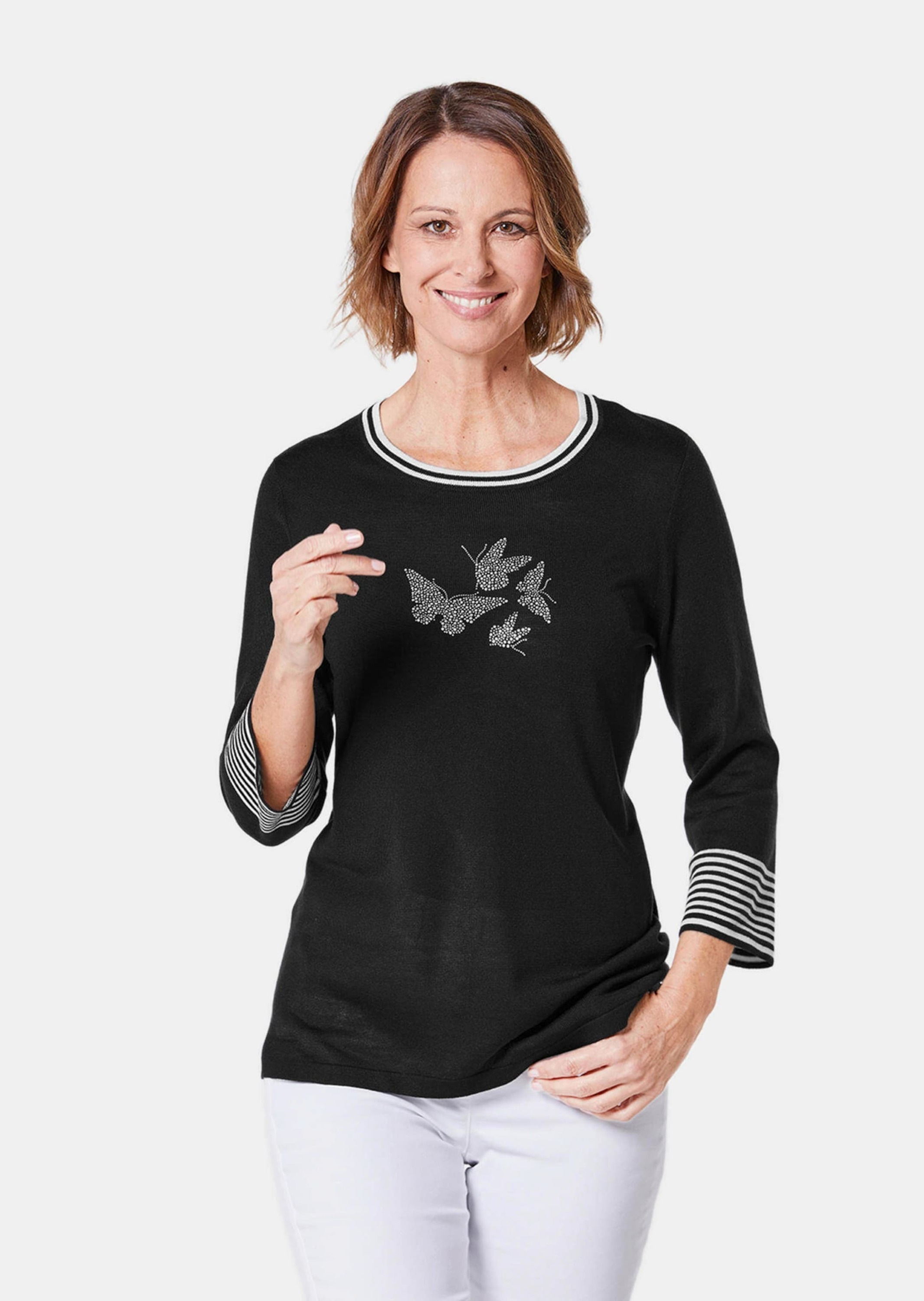 GOLDNER Rundhalspullover »Pullover mit femininem Motiv« geringelte Ärmelabschlüsse