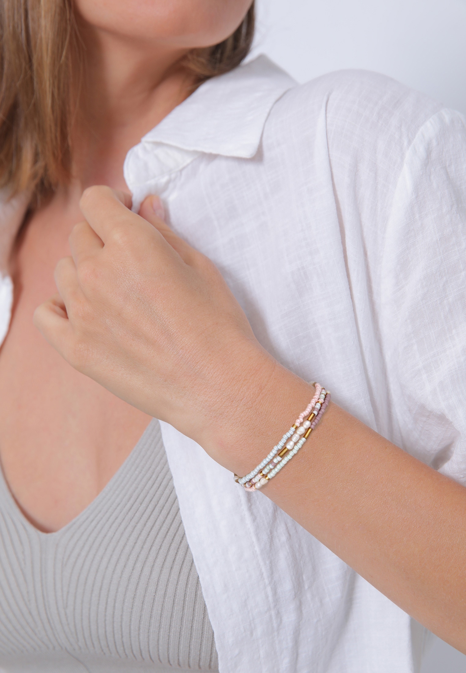 Elli Armkette »Armband Süßwasserzuchtperlen Glasperlen Pastell 925 Sterling Silber Vergoldet«