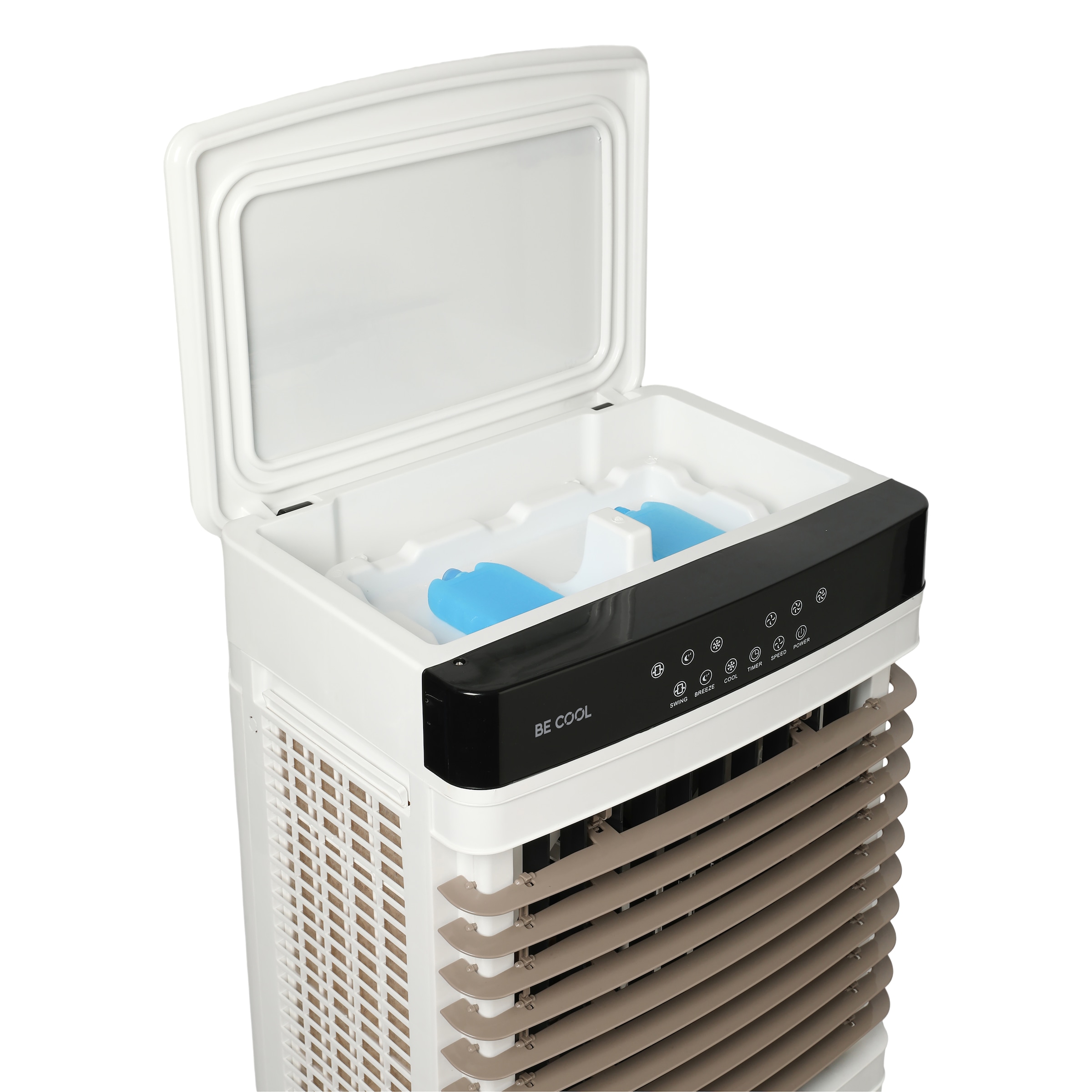 be cool Ventilatorkombigerät »Luftkühler 60l BC60AC2401 weiß/braun«, 40 l Tank, 9800m³/h, Temperaturanzeige, 2 Kühlakkus