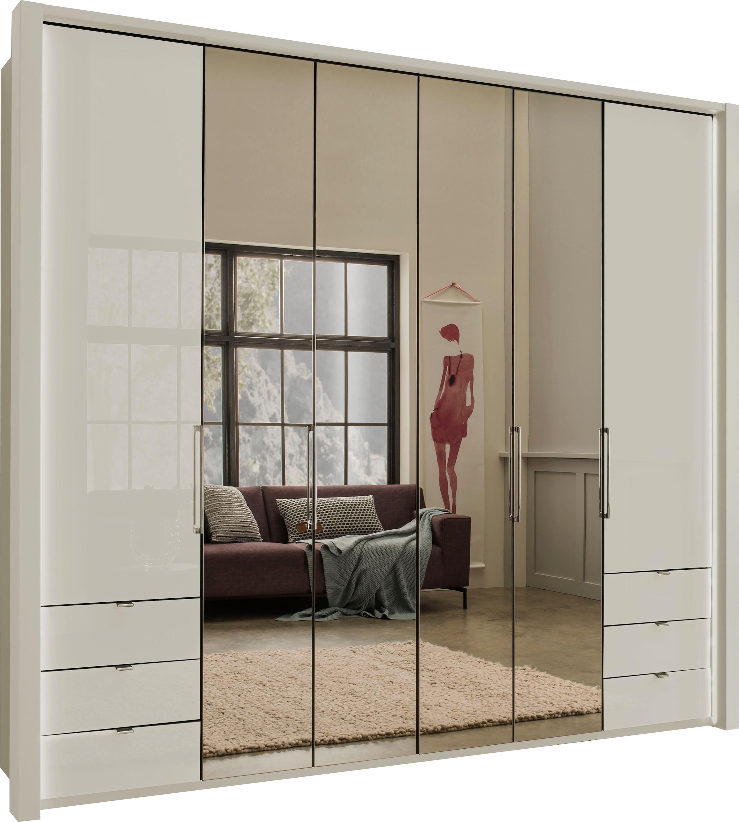 WIEMANN Falttürenschrank »Kansas, Kleiderschrank, Schrank, Wäscheschrank, mit Glas und Spiegel«, (2 Breiten, MADE IN GERMANY), inkl. gepämpften Schubkästen und Türen, mit Panoramaöffnung