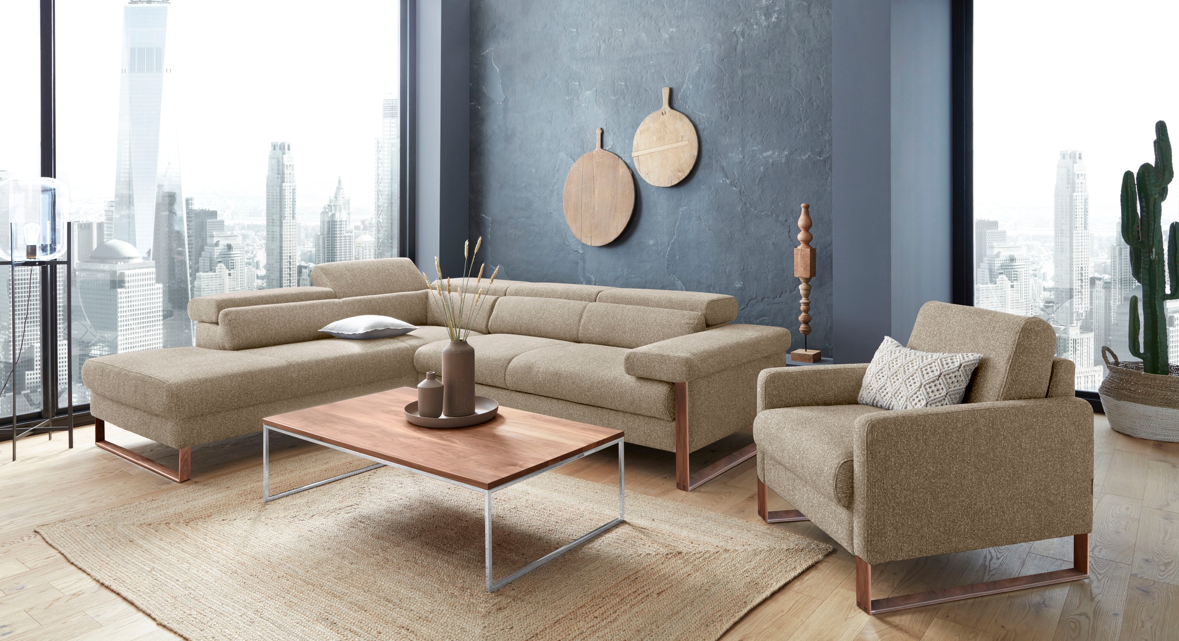 W.SCHILLIG Ecksofa »finn, Designsofa mit tollem Sitzkomfort, bequem, L-Form«, German Design Award 2016, Fußgestell Nussbaum natur, Breite 281 cm