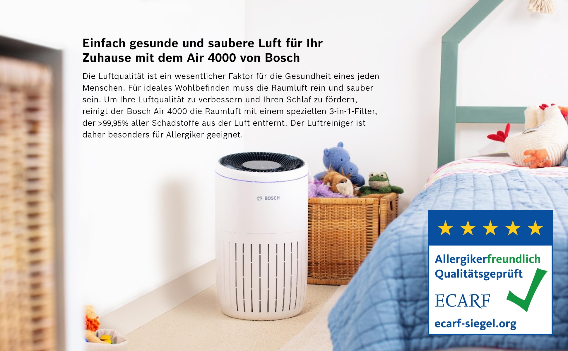 BOSCH Luftreiniger »Air 4000, filtert über 99% der Schadstoffe« für 62 qm Räume mit 3-in-1 Luftfilter, Automatik- und Ruhemodus