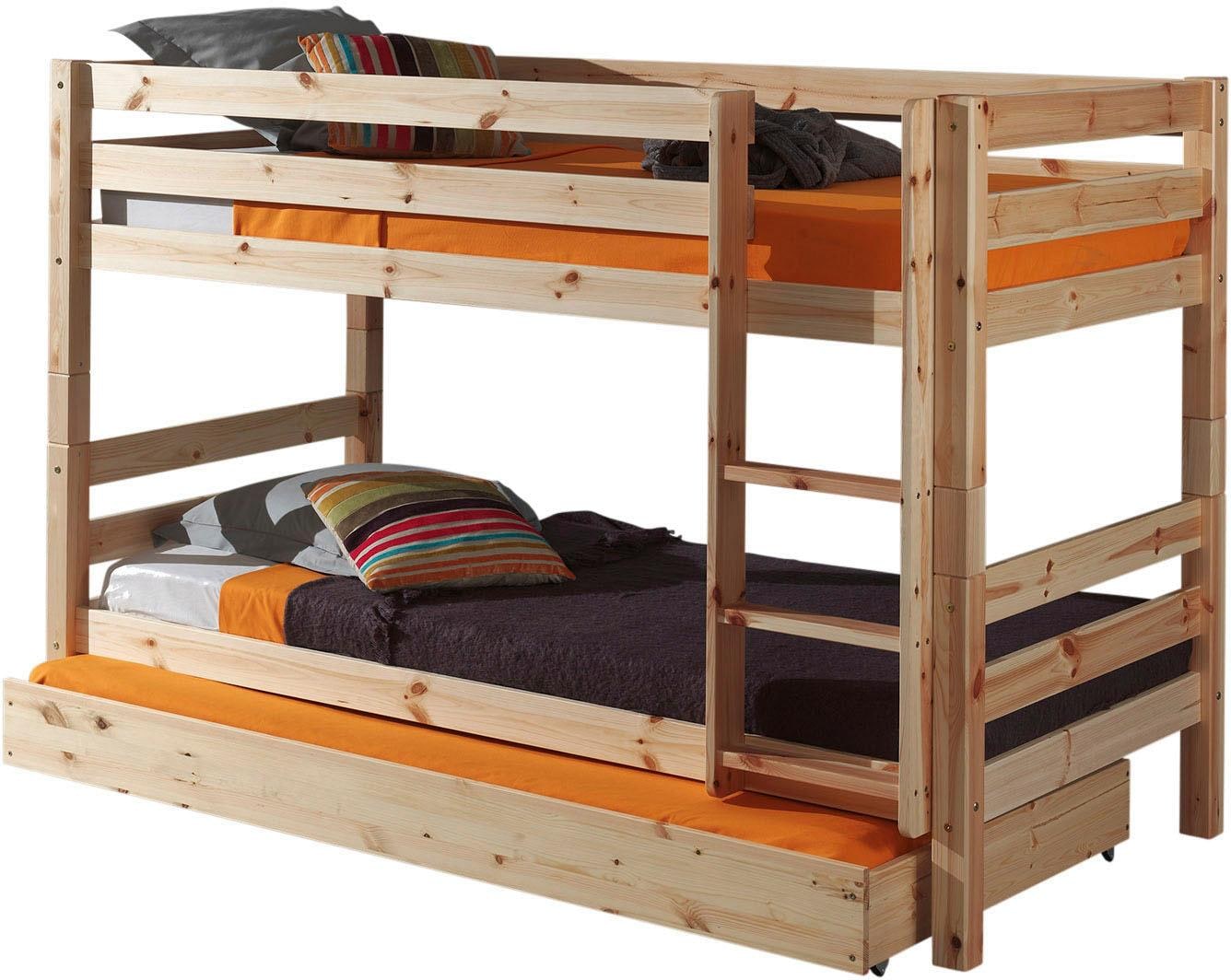 Vipack Etagenbett »Pino, inkl. Rolllattenrost, Leiter und Absturzschutz«, (B/H/T ca. 210x140x105cm, massiv Kiefer 2 Farben zur Wahl), optional mit Bettschublade auf Rollen