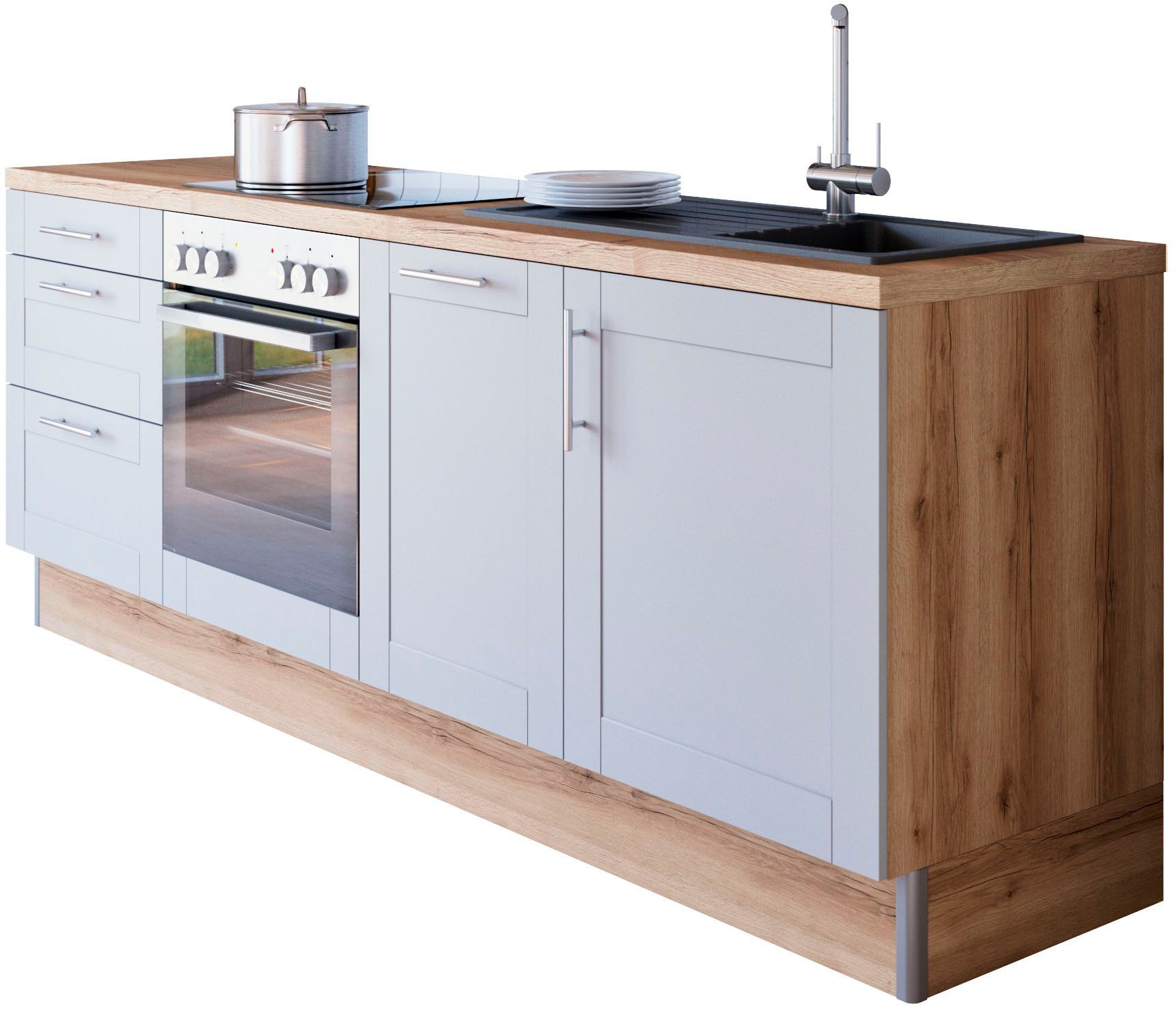 KOCHSTATION Küchenzeile »KS-Ahus«, 225 cm breit,wahlweise mit E-Geräten,Soft Close Funktion, MDF Fronten