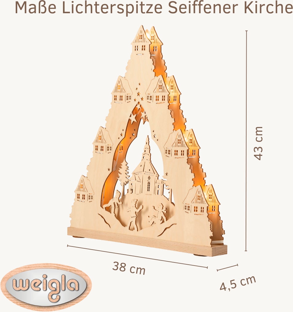Weigla Schwibbogen »Seiffener Kirche, Lichterspitze aus Holz, NATUR«, Erzgebirge garantiert, Weihnachtsdeko Innen, Weihnachtsbeleuchtung