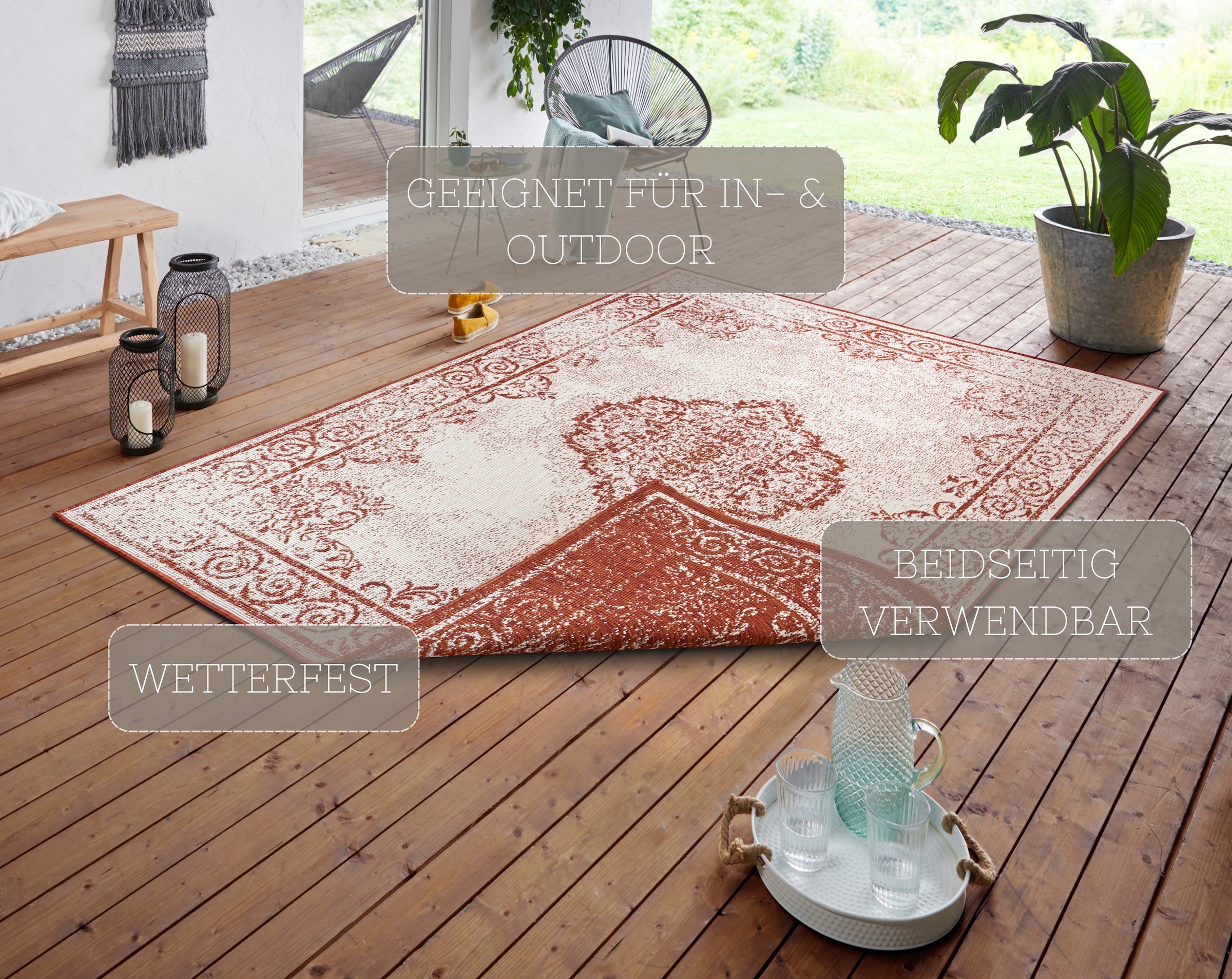 NORTHRUGS Teppich »CEBU Wendeteppich«, rechteckig, 5 mm Höhe, In-& Outdoor, Wetterfest, Balkon, Wohnzimmer, Wasserfest, Orientalisch