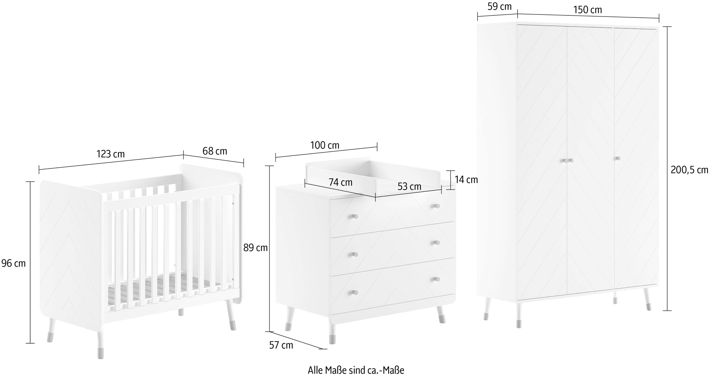 Vipack Babymöbel-Set, (Made in Europe), 4- tlg. bietet alles für Ihr Kinderzimmer, Ausf. satin weiß lackiert