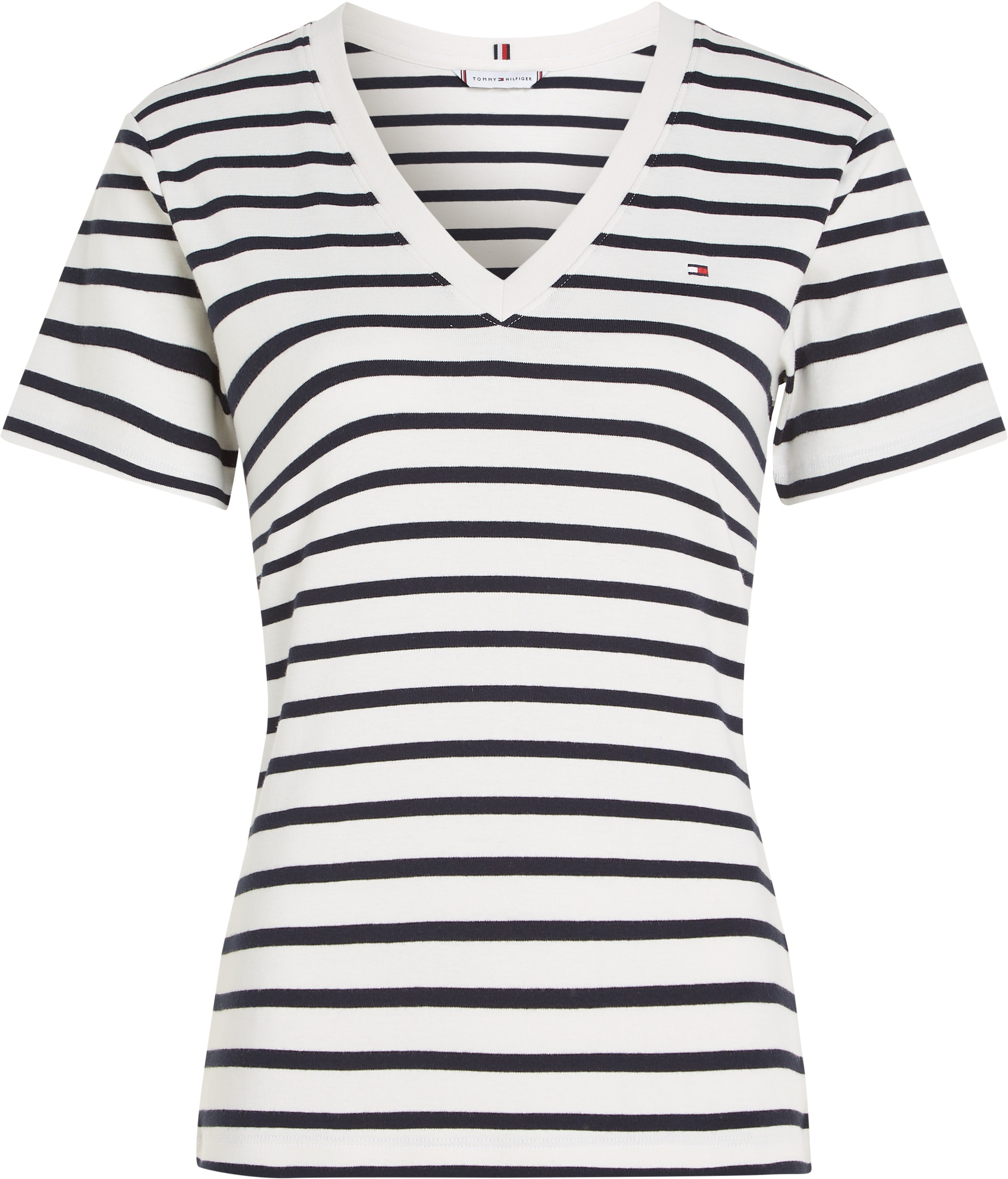 Tommy Hilfiger T-Shirt »SLIM CODY V-NK SS mit V-Ausschnitt und Streifen«, gestreift, casual, slim fit, Baumwolle, V-Ausschnitt