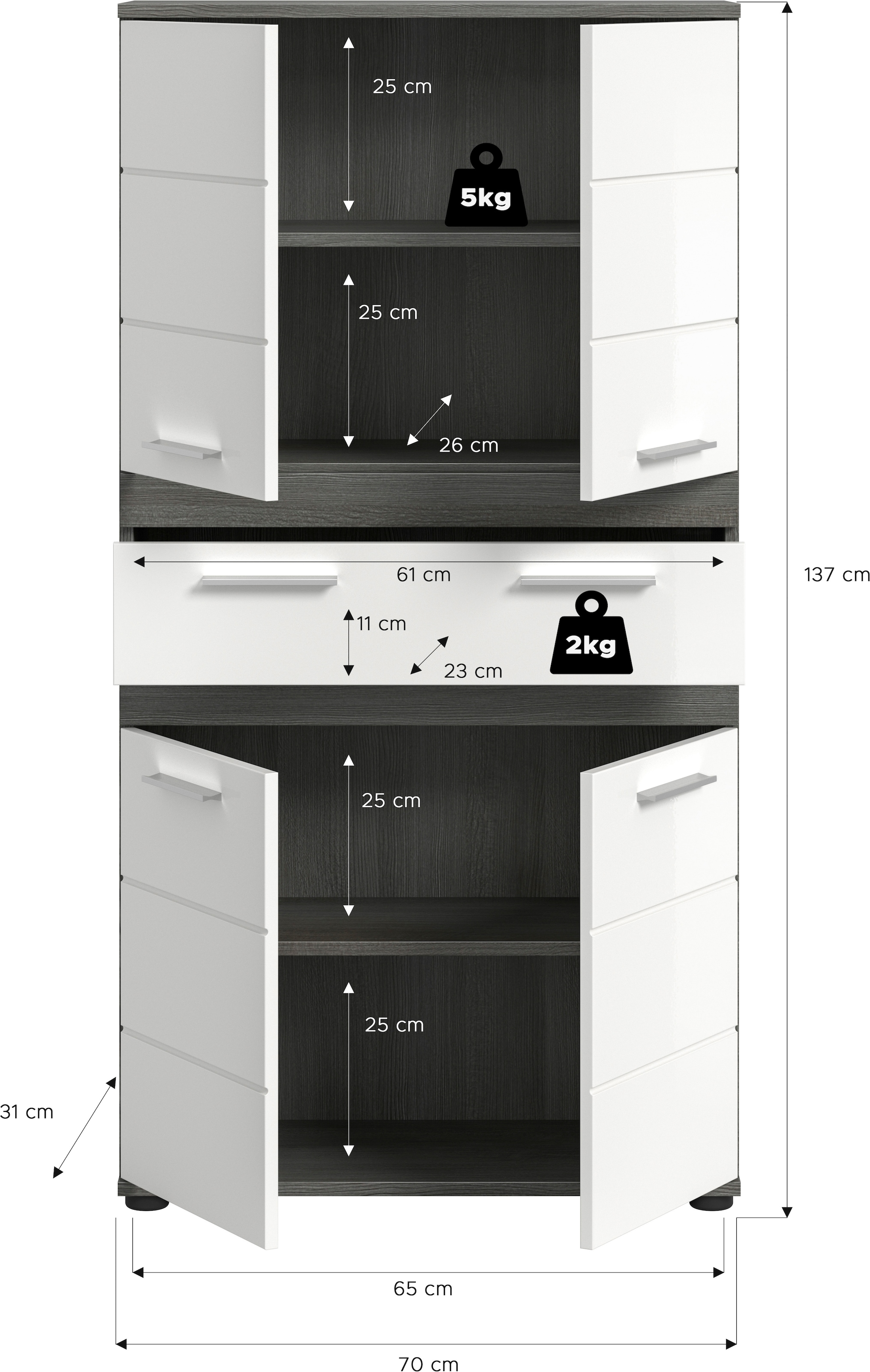 welltime Hochschrank »LUCCA, Höhe 137cm, 4 Türen, 1 Schubkasten, 4 Fächer« Badschrank, Badmöbel, Badezimmer, Universalschrank, Mehrzweckschrank