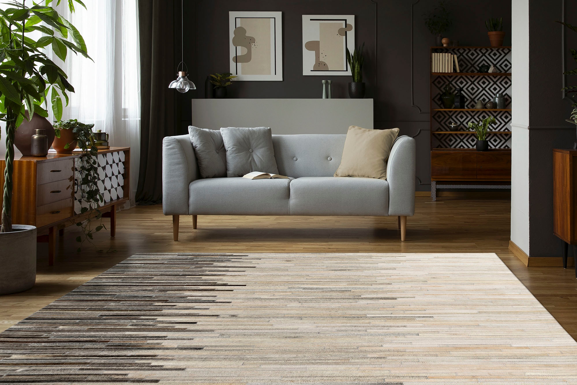 Padiro Lederteppich »Lavin 925 -  Fellteppich«, rechteckig, 8 mm Höhe, 100% Rindsfell mit Wollrücken, handgenähtes Unikat, Streifen Dessin