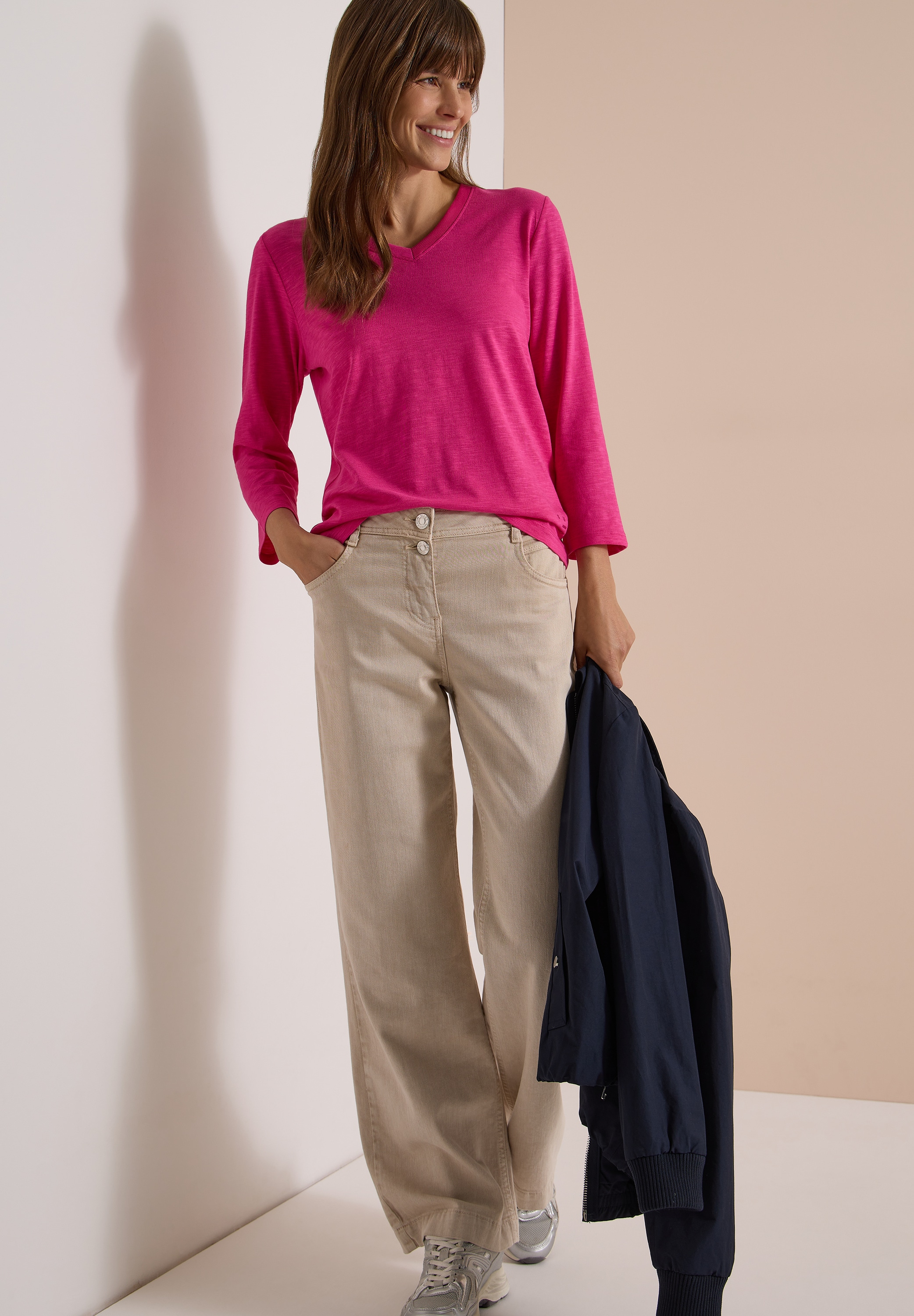 Cecil V-Shirt 3/4-Arm Shirt in Unifarbe mit V-Neck