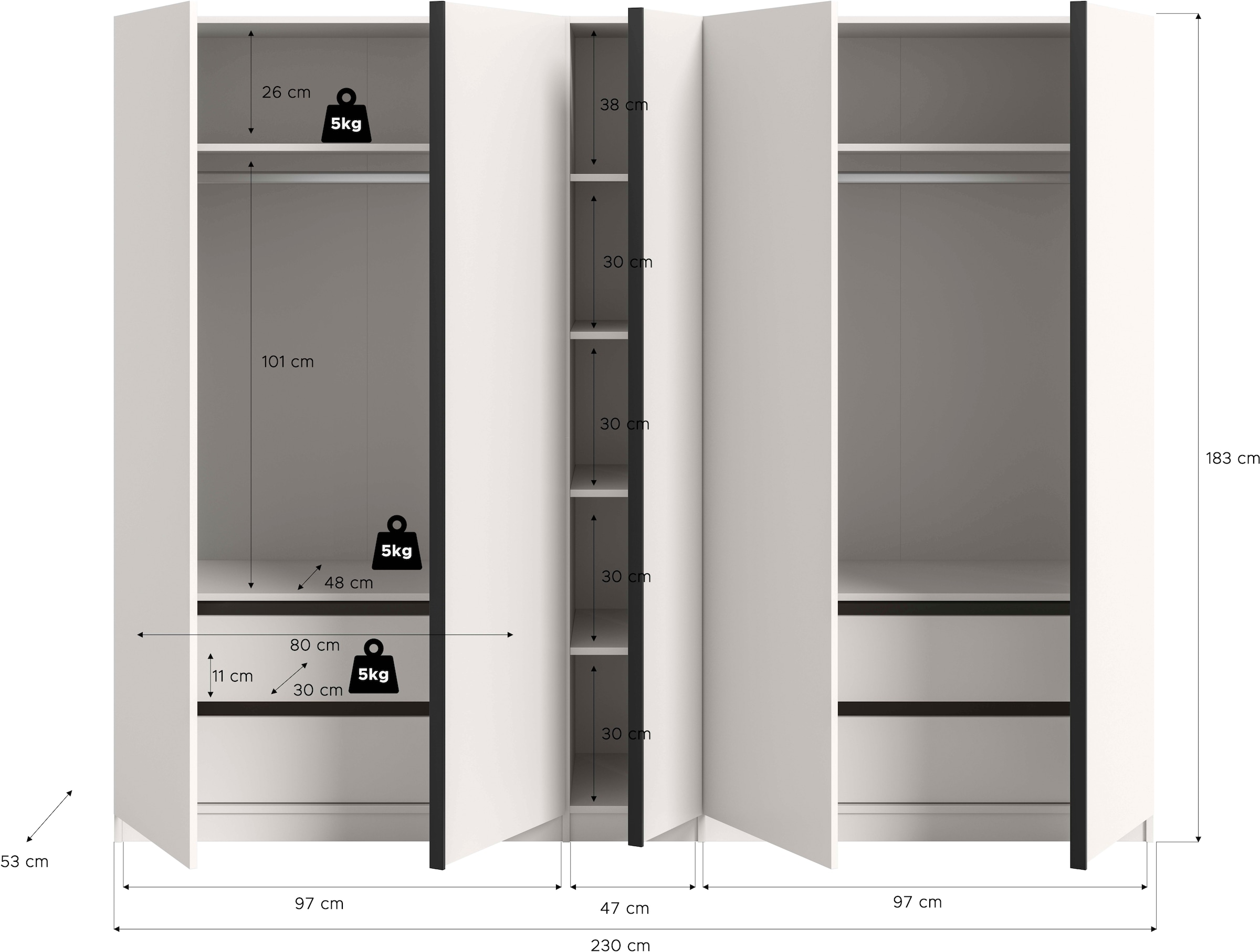 Home affaire Kleiderschrank »BENDINGO, TOPSELLER!, Schlafzimmerschrank, Schrank, Garderobenschrank«, (OTTO BESTSELLER, Garderobe & Schlafzimmer), Breite 230cm, weiß, 5-türig, 2 Kleiderstangen, 6 Böden, 4 Schubladen