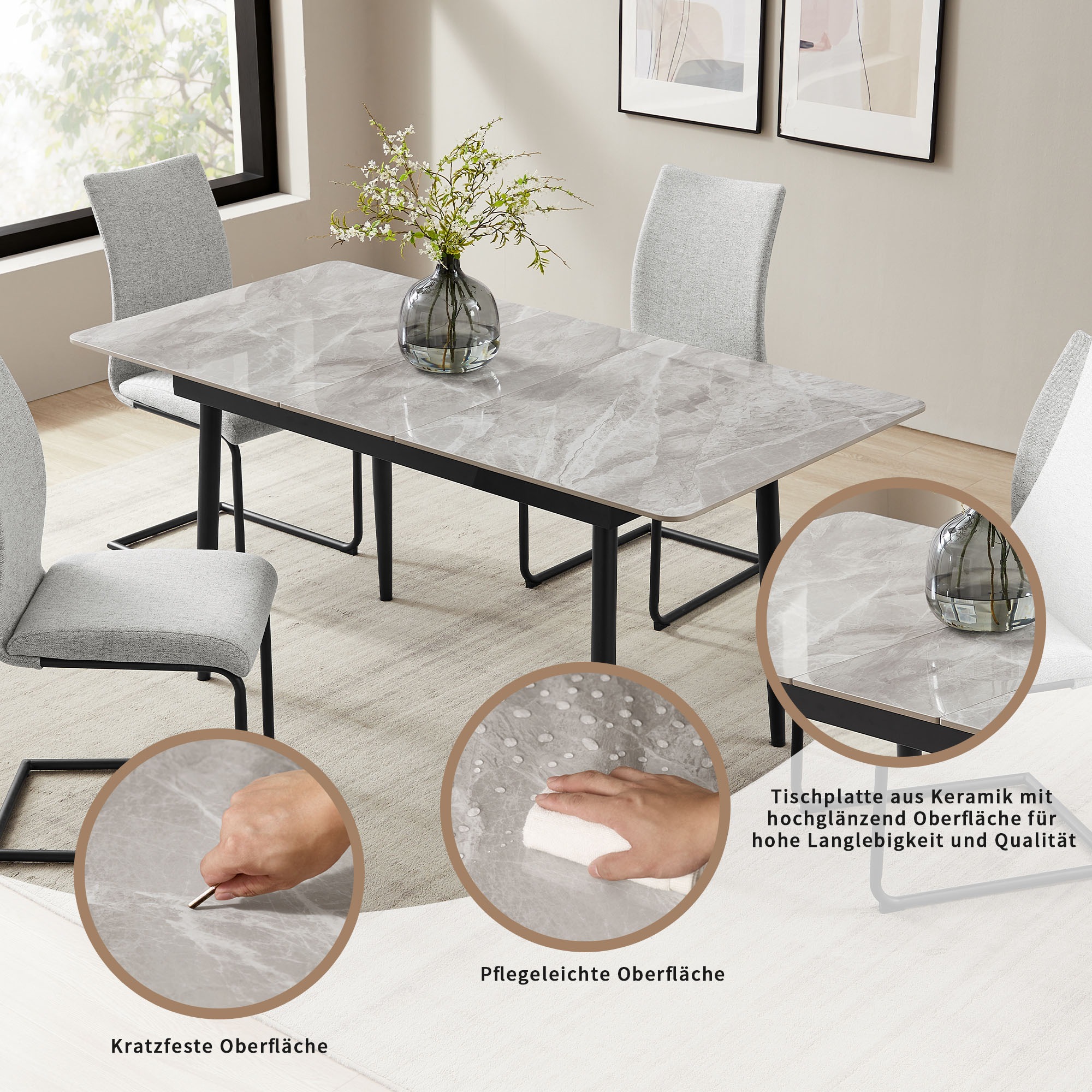 OTTO home Essgruppe »Stevian« Set, Ausziehbarer Esstisch + 4 Stühle, 5 Stk. tlg. Holz, Strukturstoffbezug, Freischwingerstühle, gesteppten Bänken