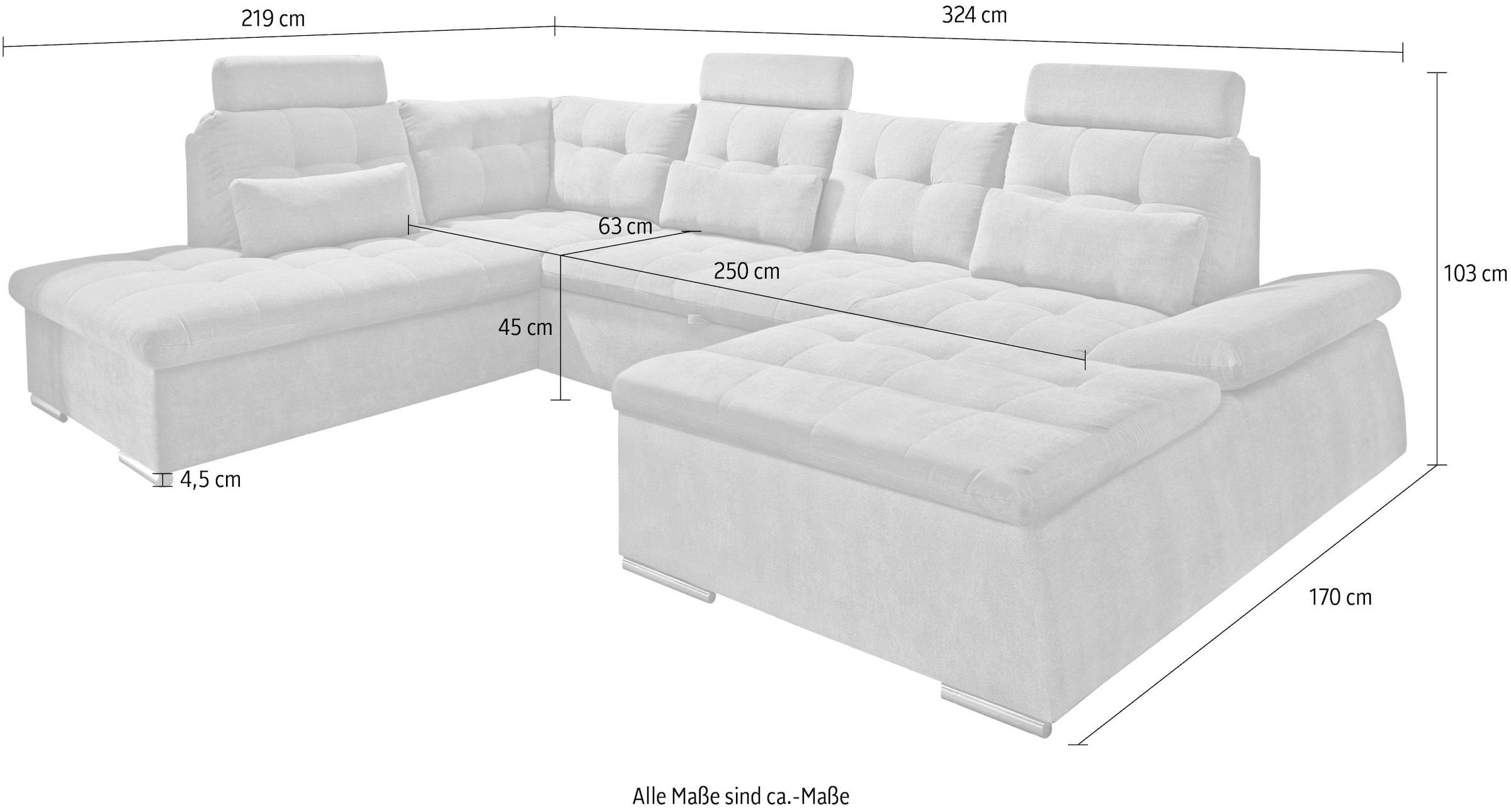 ED EXCITING DESIGN Wohnlandschaft »Nalo U-Form«, mit Bettfunktion, Bettkasten, Kopfstützen, Nierenkissen etc.