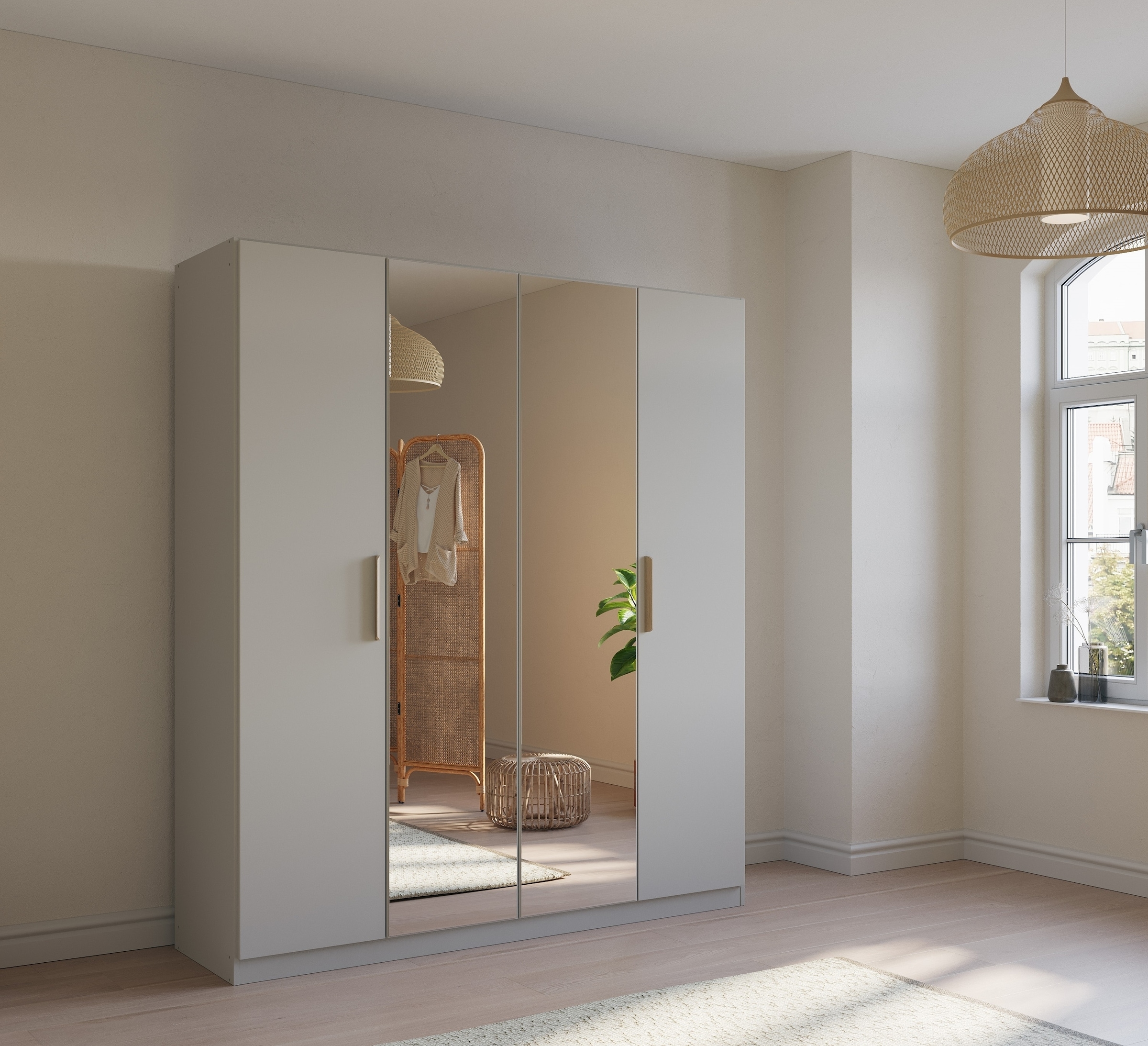 rauch Kleiderschrank »Skandi by Quadra Spin Schlafzimmerschrank« im Landhaus-Stil mit Massivholzgriffen, vollflächige SpiegeltÜren