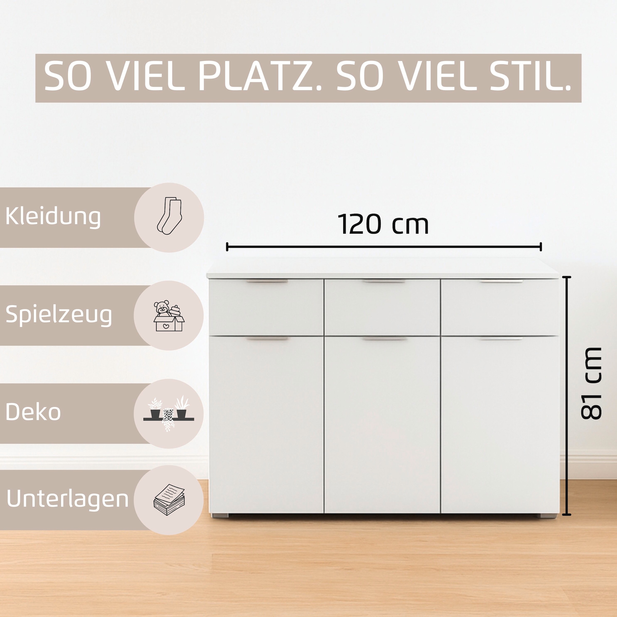 rauch Kombikommode »Sideboard Schubladenkommode CORTONA mit Dekor-Front« Breite 120 cm inkl. Soft-Close-Funktion,  mit 3 Schubladen und 3 verstellbaren Einlegeboden MADE IN GERMANY