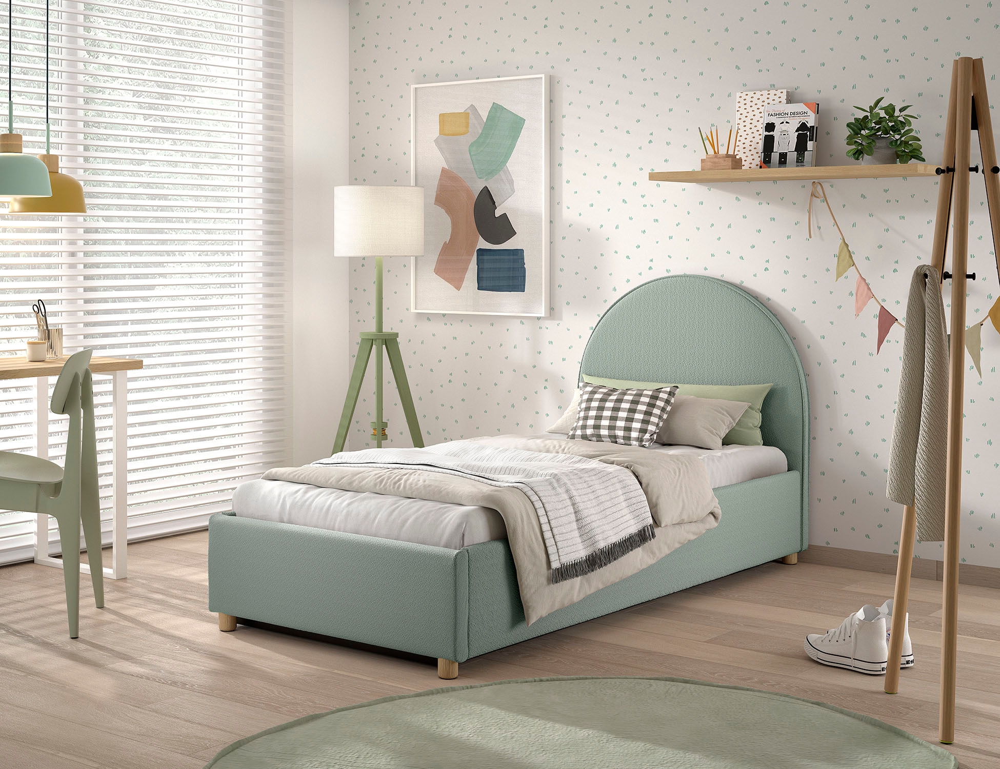 Vipack Boxbett »Moon, mit Lattenrost und Stauraum, modernes Design« gerundetes Kopfteil und in 2 Breiten erhältlich,  inkl. Massivholz Füßen in natur, 3 Stoff Farben zur Auswahl