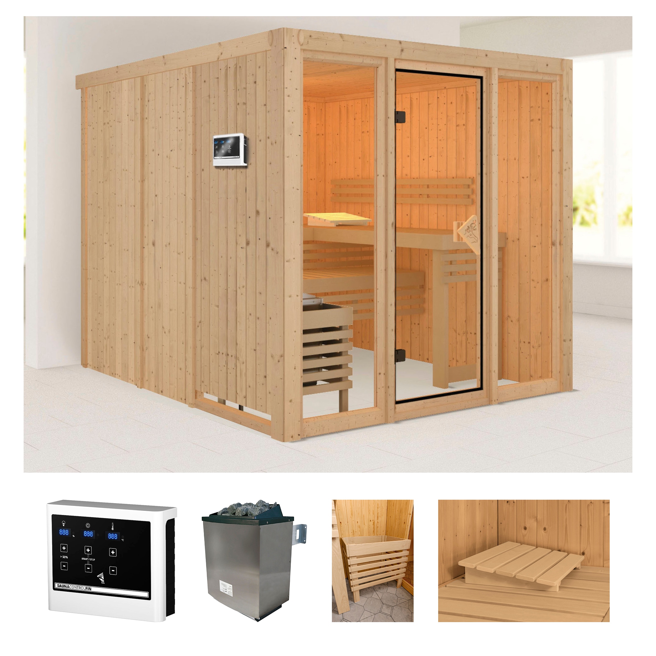 welltime Sauna »Artja«, naturbelassen, mit Ofen 9 kW ext. Steuerung