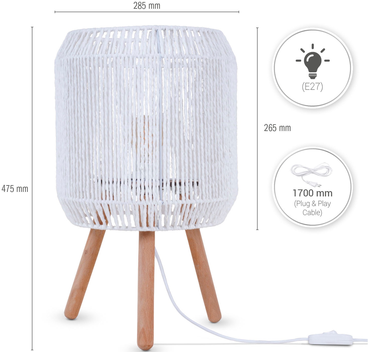 Paco Home Tischleuchte »SOL«, Leuchtmittel E27 | ohne Leuchtmittel, Boho Deko Lampenschirm Korb Holz E27