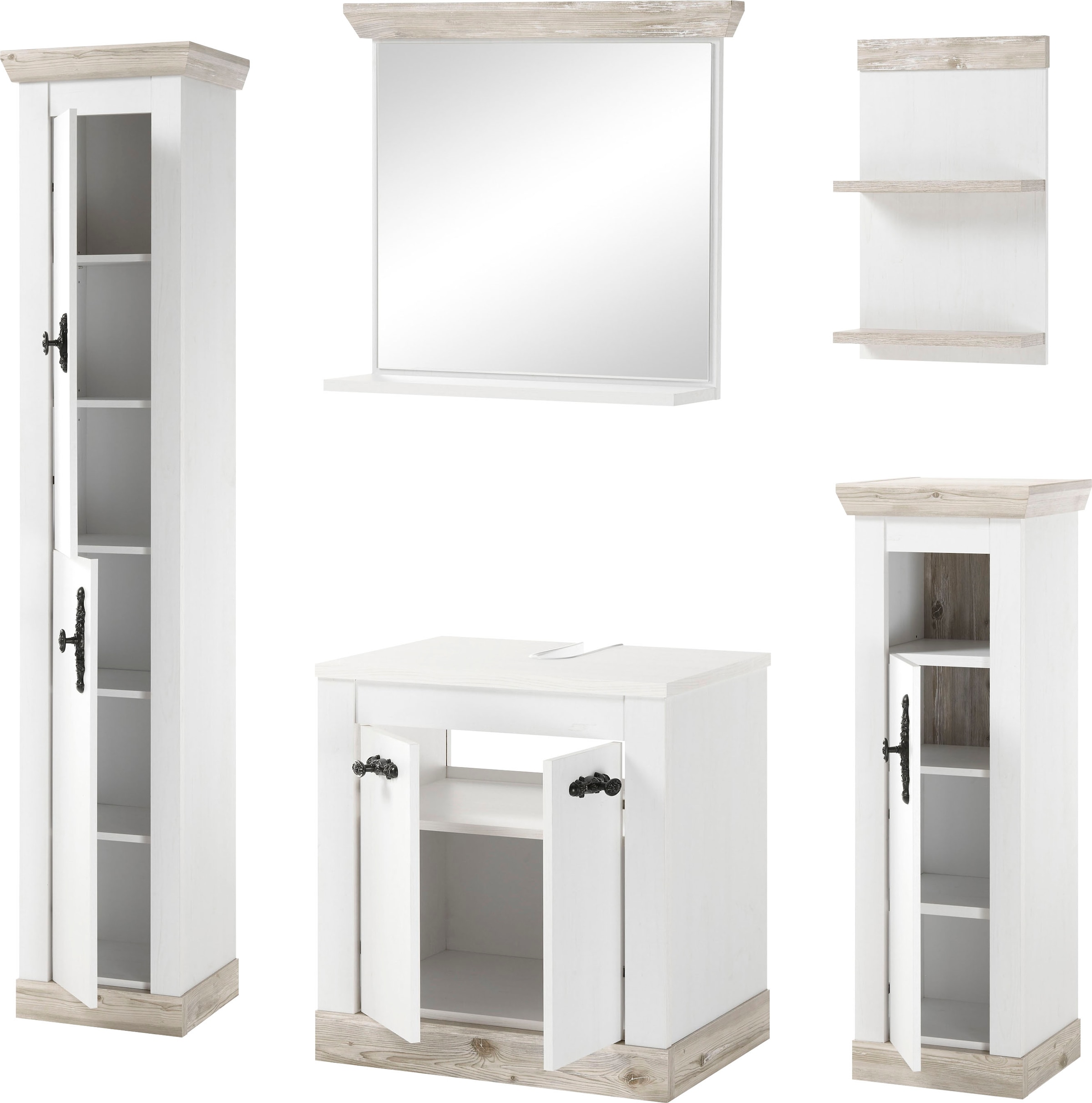 Home affaire Badmöbel-Set »Florenz, Bad im Landhausstil, 5-teiliges Badezimmer«, (5 St.), Unterschrank, Schränke, Wandregal und Spiegel, in Pinie Weiß, Stauraum