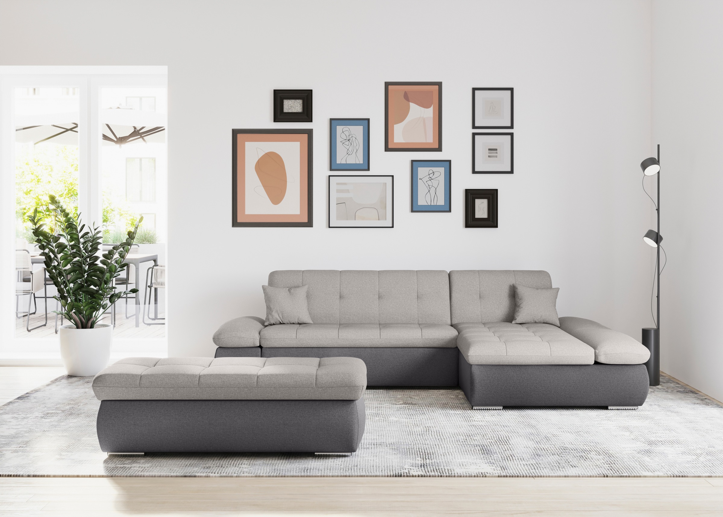 DOMO collection Ecksofa »Moric, L-Form, XXL-Sofa - Breite 300cm«, wahlweise mit Bettfunktion und Armteilverstellung, grau-silber