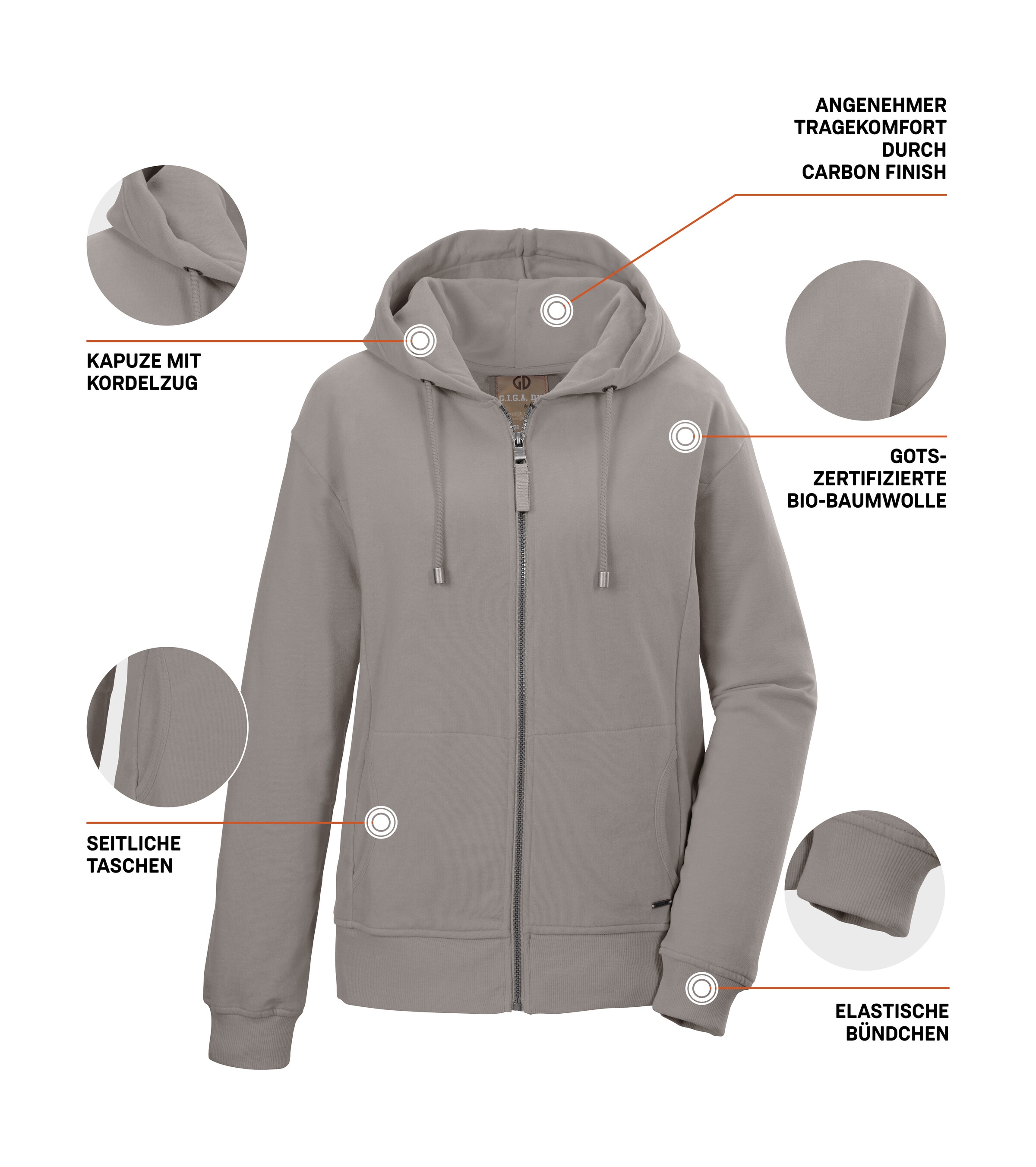G.I.G.A. DX by killtec Sweatjacke »GS 26 WMN SWT JCKT GOTS« GOTS Bio-Baumwolle, Carbon-Finish, Kapuze, elastische Bündchen