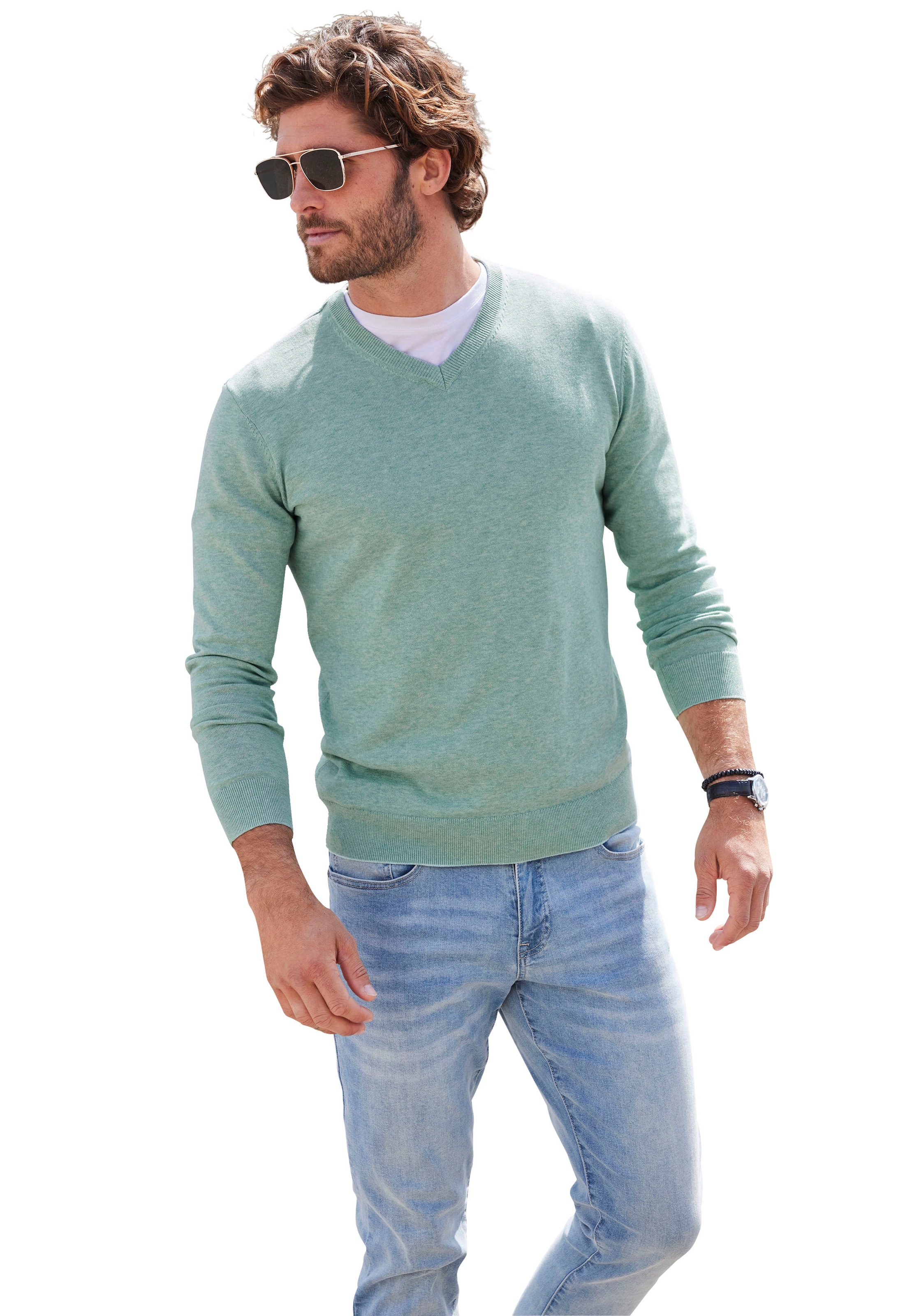 H.I.S Strickpullover mit V-Ausschnitt, Pullover aus Feinstrick, Baumwollmischung