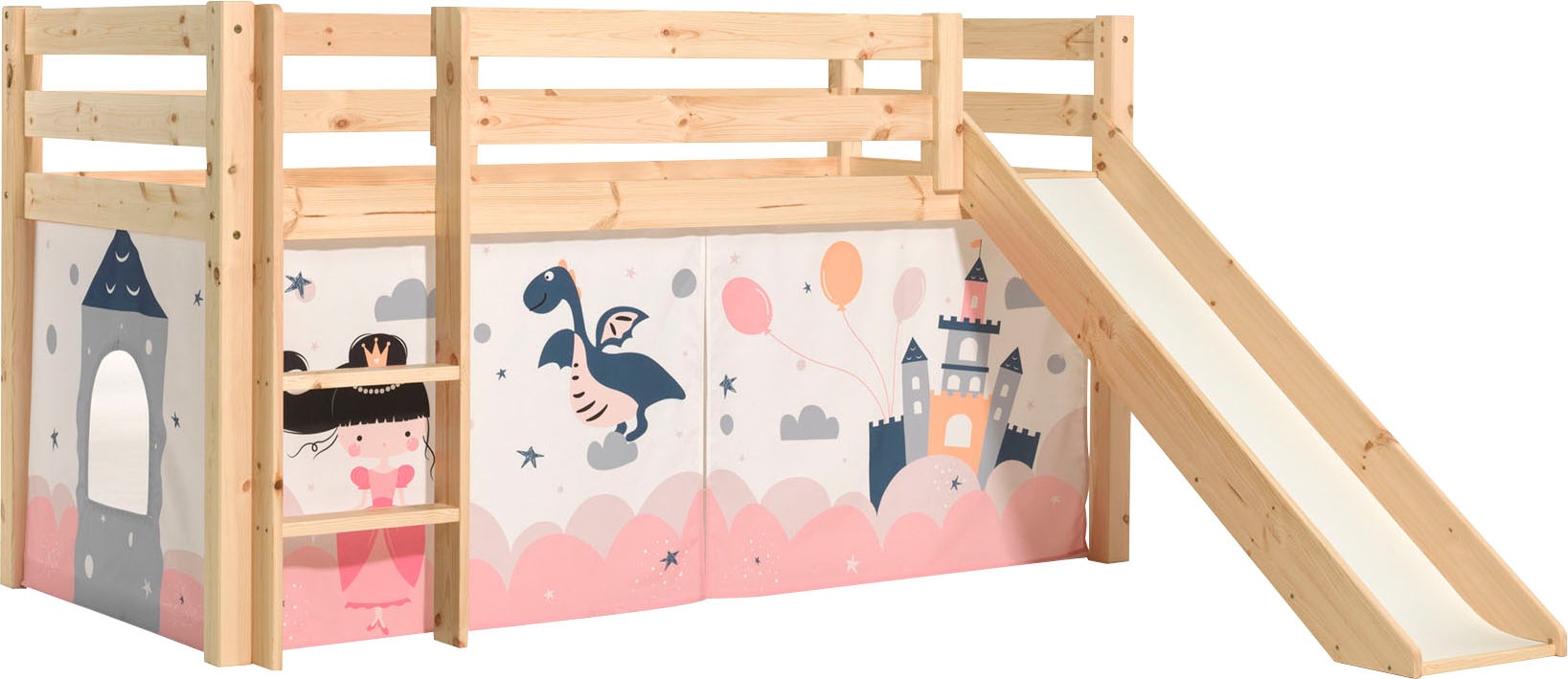 Vipack Spielbett "Pino, Kiefer massiv, mit Rolllattenrost u. Textil-Set, Made in Europe" B/H/T ca. 210x114x218cm, mit Absturzschutz, Leiter und