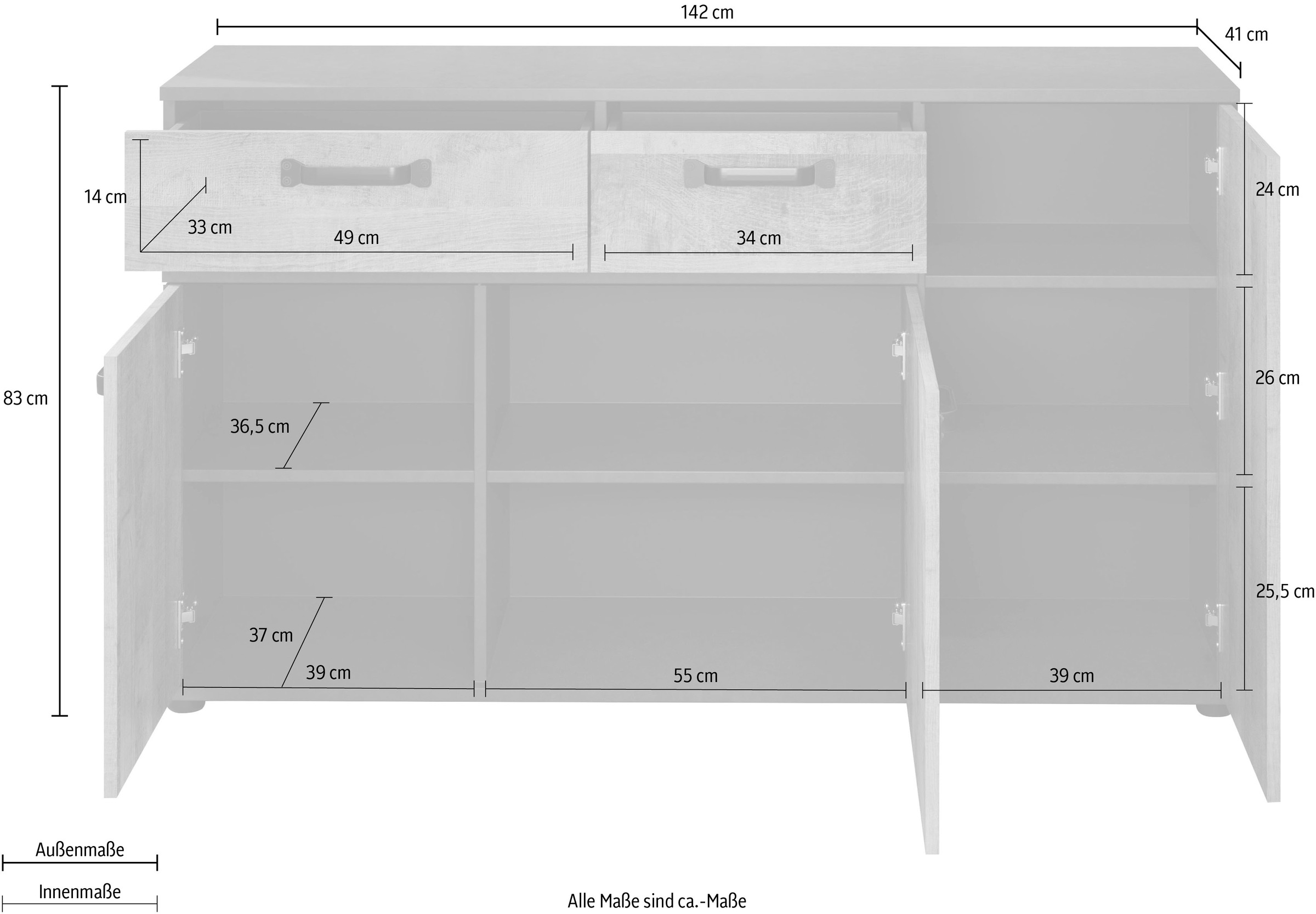trendteam Sideboard »Stripe«, Rustikale Kommode mit 2 Schubladen und 7 Fächern - 142/41/83 cm
