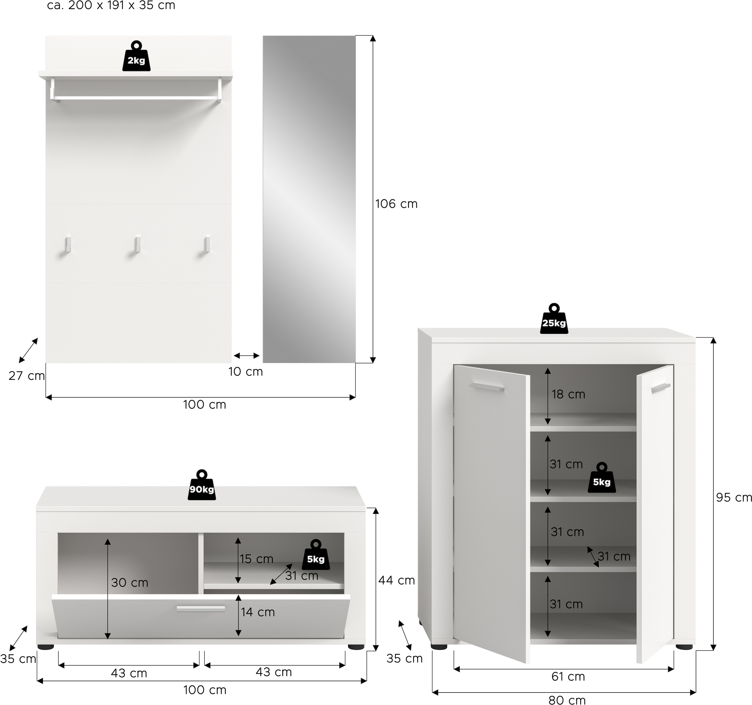 INOSIGN Garderoben-Set »Aosta«, (Set, 4 St.), Aosta, Höhe 191 cm, Garderobenset, Flur, Diele