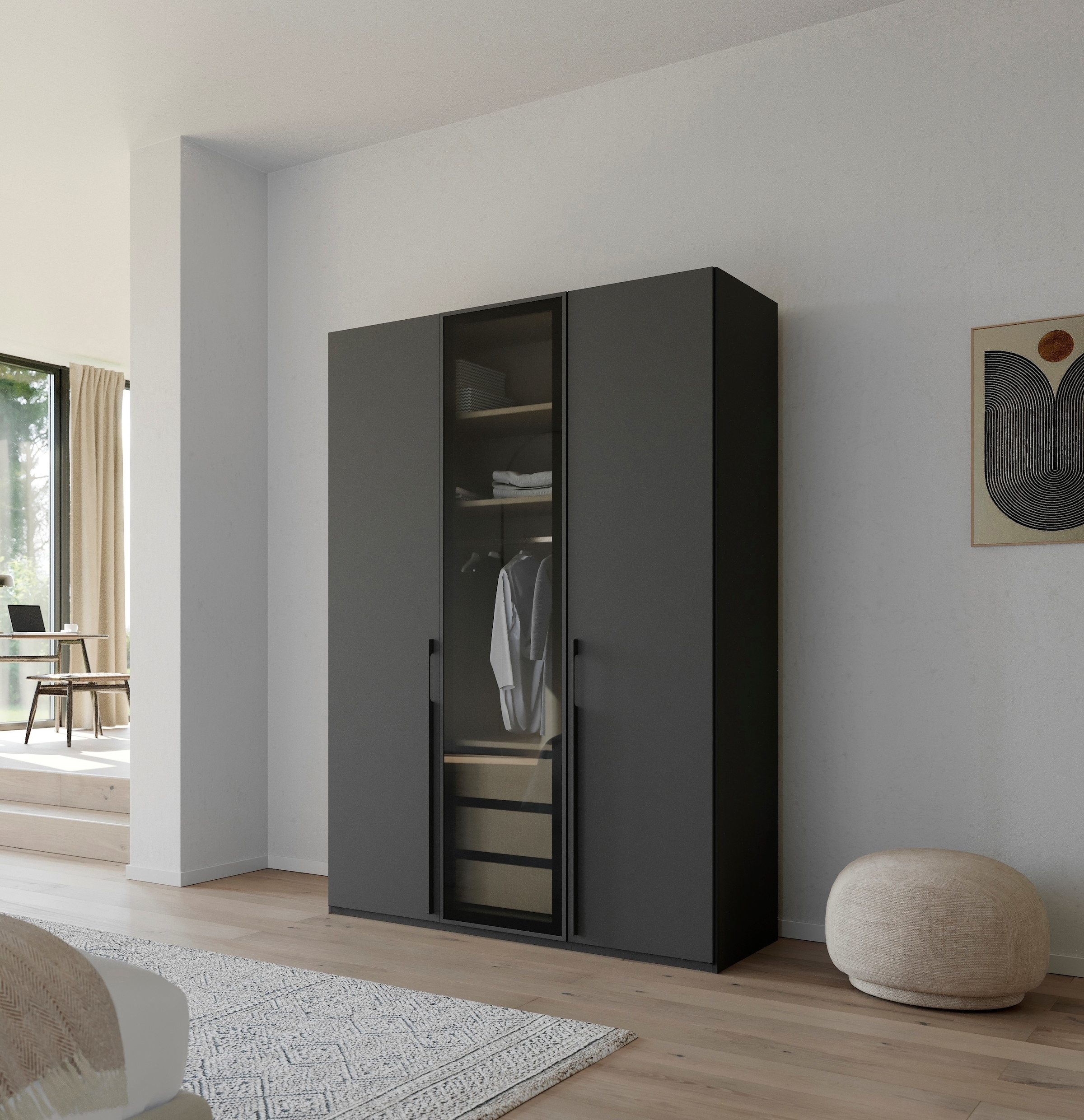 rauch Drehtürenschrank »Kleiderschrank Schrank Garderobe SKAT SHINE mit hochwertigem,« transparentem Grauglas inkl. umfangreichem Zubehör MADE IN GERMANY